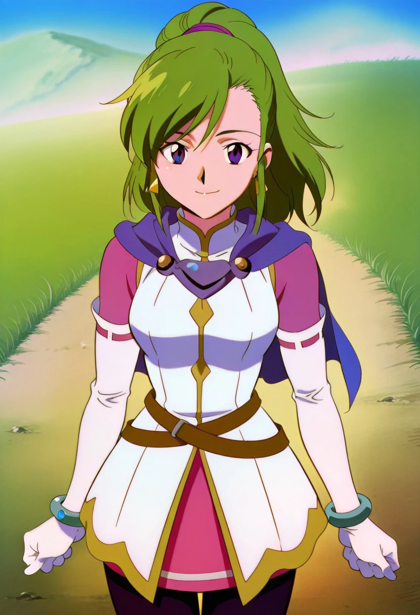 official art, masterpiece, best quality, absurdres, very aesthetic, anime screenshot, 90s, grain, film look, 1girl, female focus, solo, Karis_GS, green hair, ponytail, bangs, asymmetrical hair, sidelocks, purple eyes, triangle earrings, capelet, blue capelet, small breasts, mandarin collar, coat, white coat, ribbon trim, gold trim, undershirt, pink shirt, pink sleeves, crossed belts, miniskirt, pink skirt, white gloves, elbow gloves, bracelet, black pantyhose, standing, cowboy shot, looking at viewer, smile, plain, grass