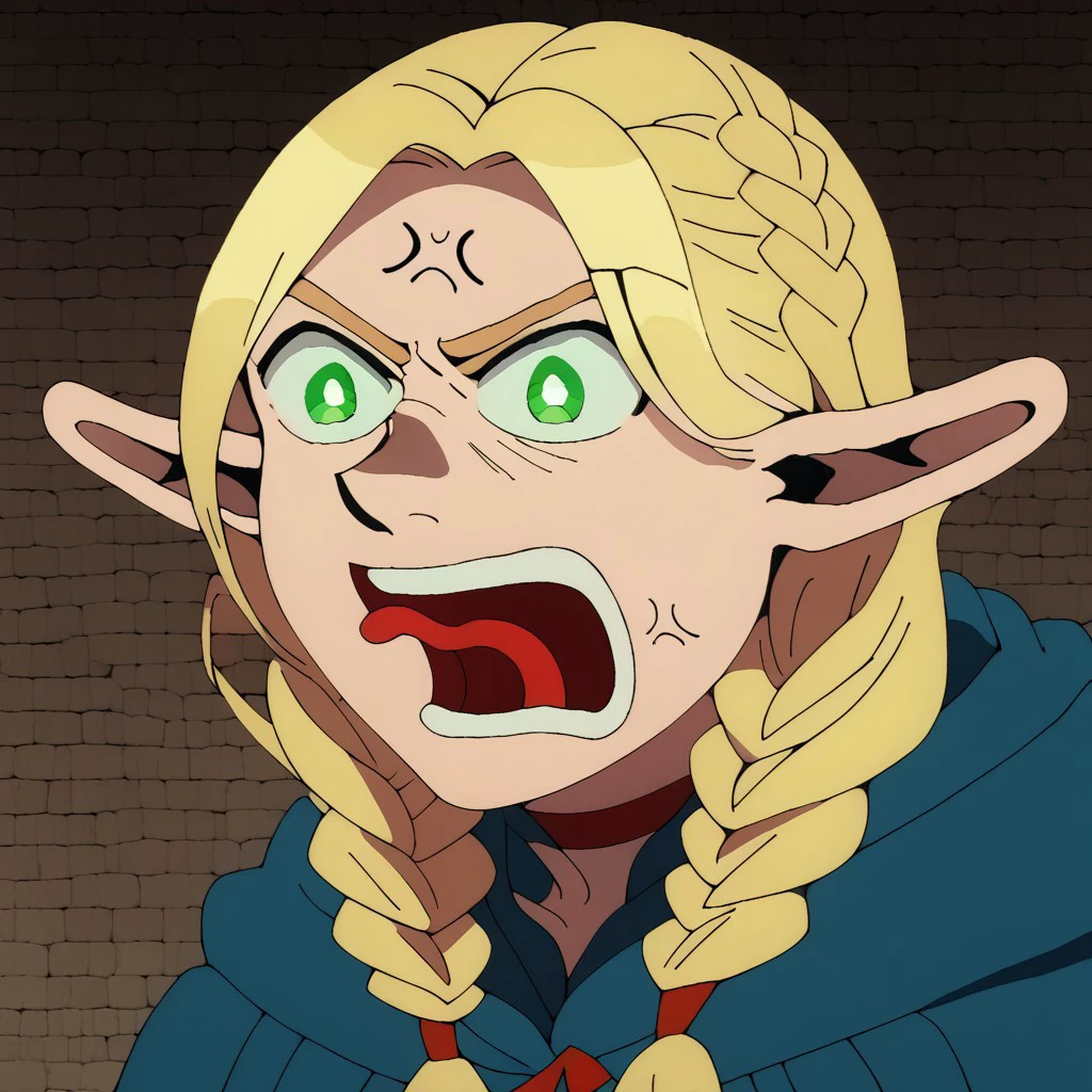 score_9, score_8_up, score_7_up masterpiece, best quality, newest, absurdres, highres, anime, anime style, REEEEEEEEEEEEE-V1.1, angry, scream, tongue, tongue out, open mouth, anger vein, 1girl, marcille donato, long hair, blonde hair, green eyes, braid, pointy ears, twin braids, elf, bright pupils, parted bangs,