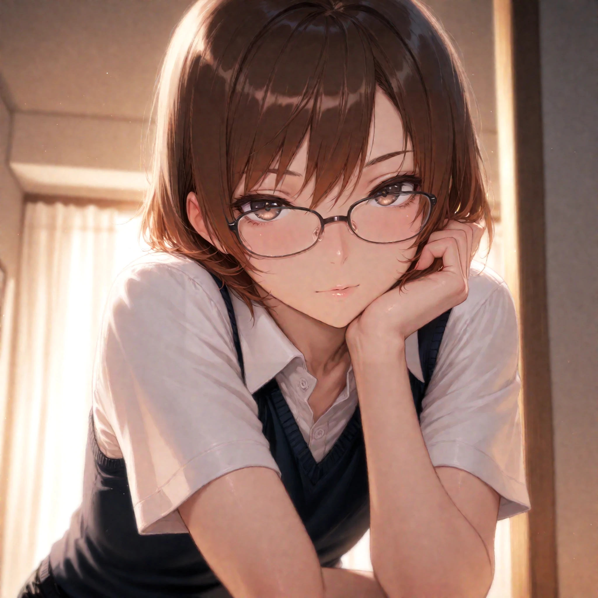 ((masterpiece:1.5)), ((best quality:1.5)), HDR, 1boy, male focus, solo, femboy, brown hair, short hair, glasses