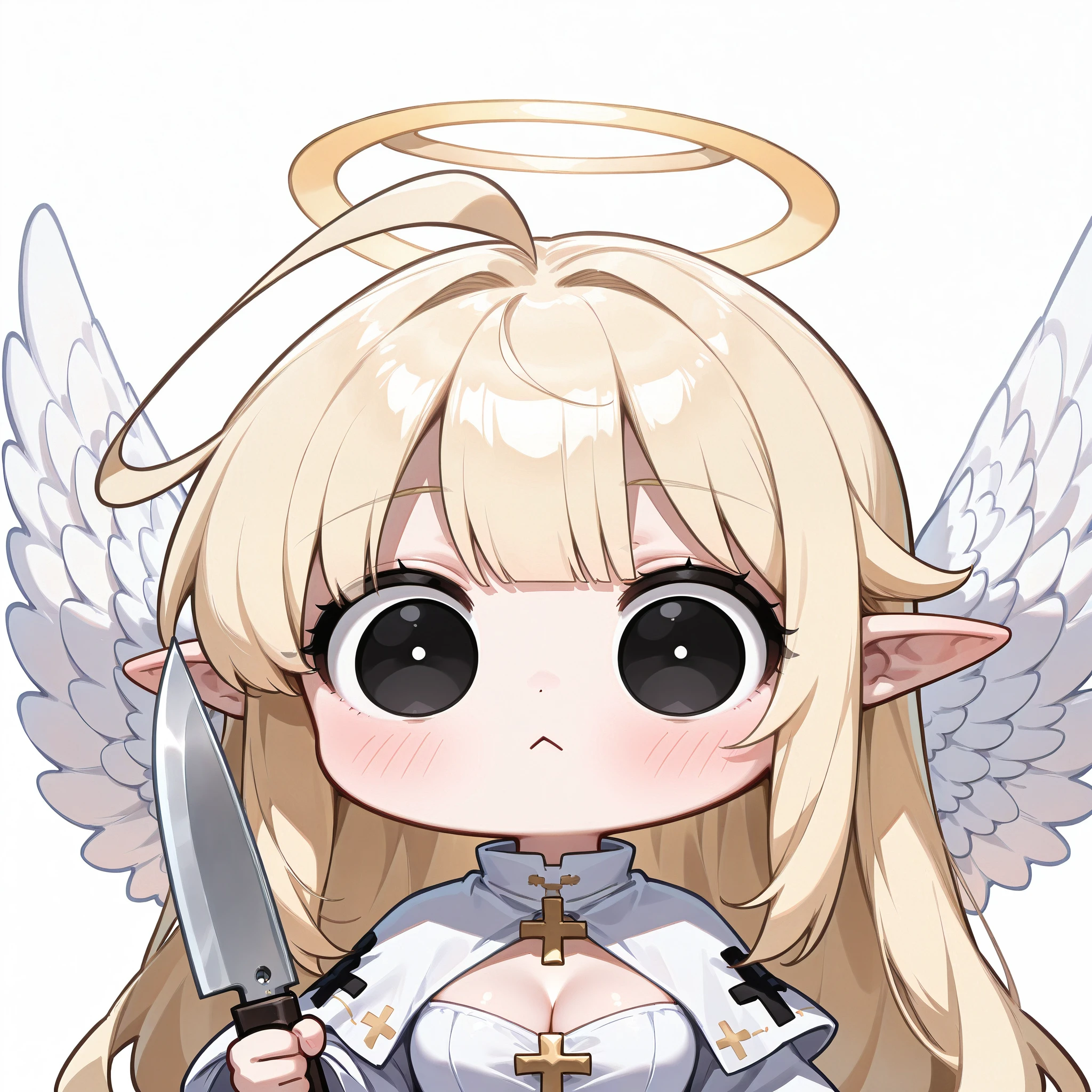 ((white_background, headshot_portrait, (solo_focus, 1girl, solo), 1girl, solo, long_hair, breasts, blush, looking_at_viewer, bangs, blonde_hair, dress, cleavage, medium_breasts, closed_mouth, ahoge, wings, pointy_ears, chibi, black_eyes, capelet, swept_bangs, expressionless, cleavage_cutout, cross, knife, :<, halo, feathered_wings, portrait, o_o, empty_eyes, angel_wings, wide-eyed, angel, fairy_wings, white_wings, 0_0, holding_knife, no_pupils, white_eyes, huge_ahoge, white_capelet, blank_eyes, solid_circle_eyes))