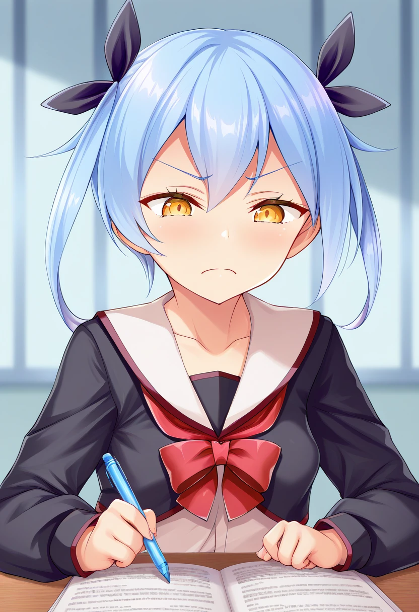 One girl with wavy hair, bangs, yellow eyes, looking at viewer, blushing, embarrassed, serious expression, indoor, living room, t shirt, thigh, apron, sitting, crossed legs, bare legs, crossed arms, mid-chest, day atmosphere, hair ornament, medium breasts, focus, blurry background, mature female