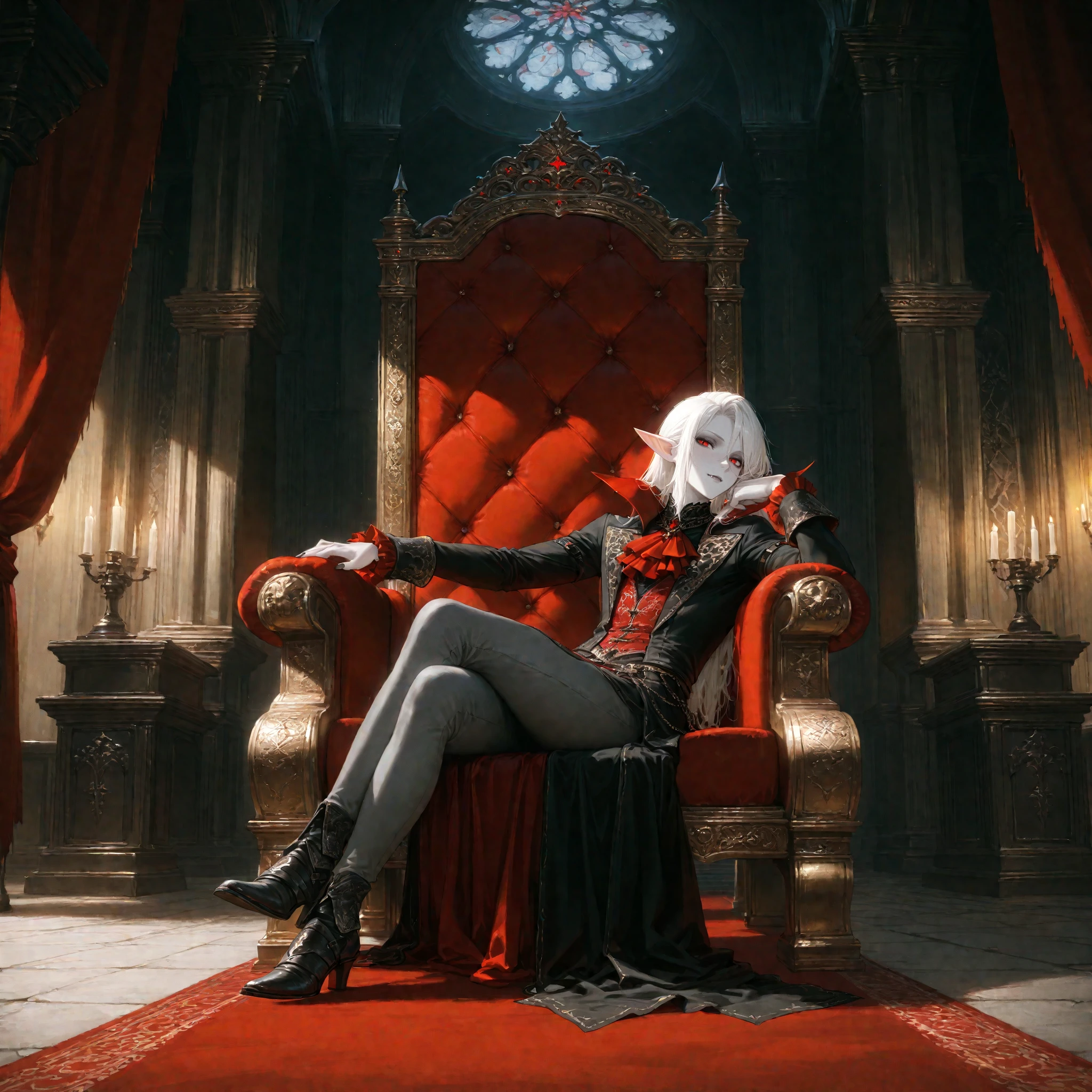 ((masterpiece:1.5)), ((best quality:1.5)), HDR, 1boy, solo, male focus, white hair, goatee, no mustache, elf, elf ears, long pointed ears, pale skin, red eyes, grey skin, vampire, leisurely reclining in opulent throne, crimson carpet, opulent throne room, lavish throne room, decadent castle, dark fantasy setting, dark fantasy, medieval setting,