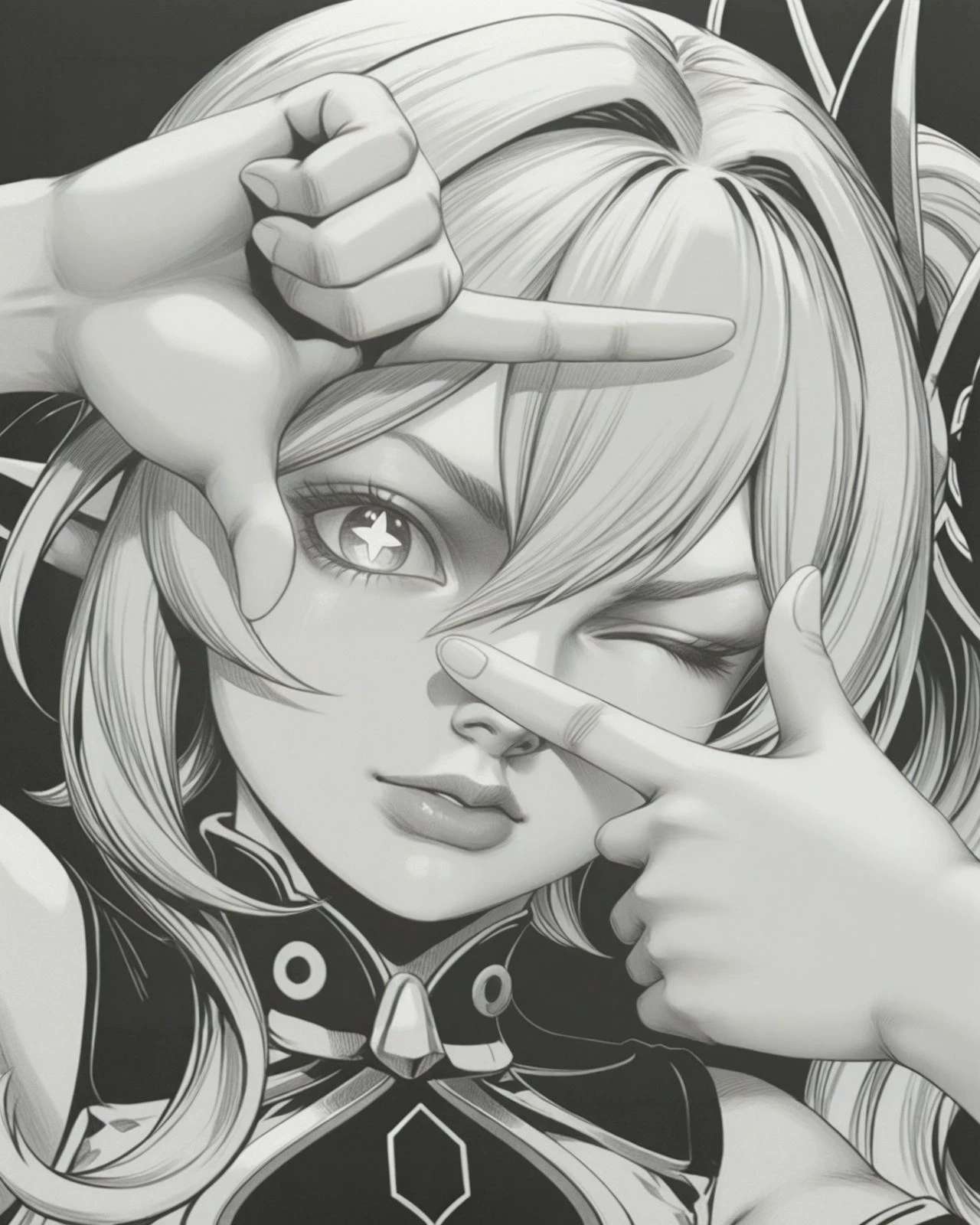 masterpiece, monochrome, greyscale, traditional media, <lora:STEELBALLRUN_illustrious_v1-000010:1>
1girl, nahida \(genshin impact\), finger frame, upper body, close-up,one eye closed, star-shaped pupils,
<lora:finger_frame_il_d16:1>