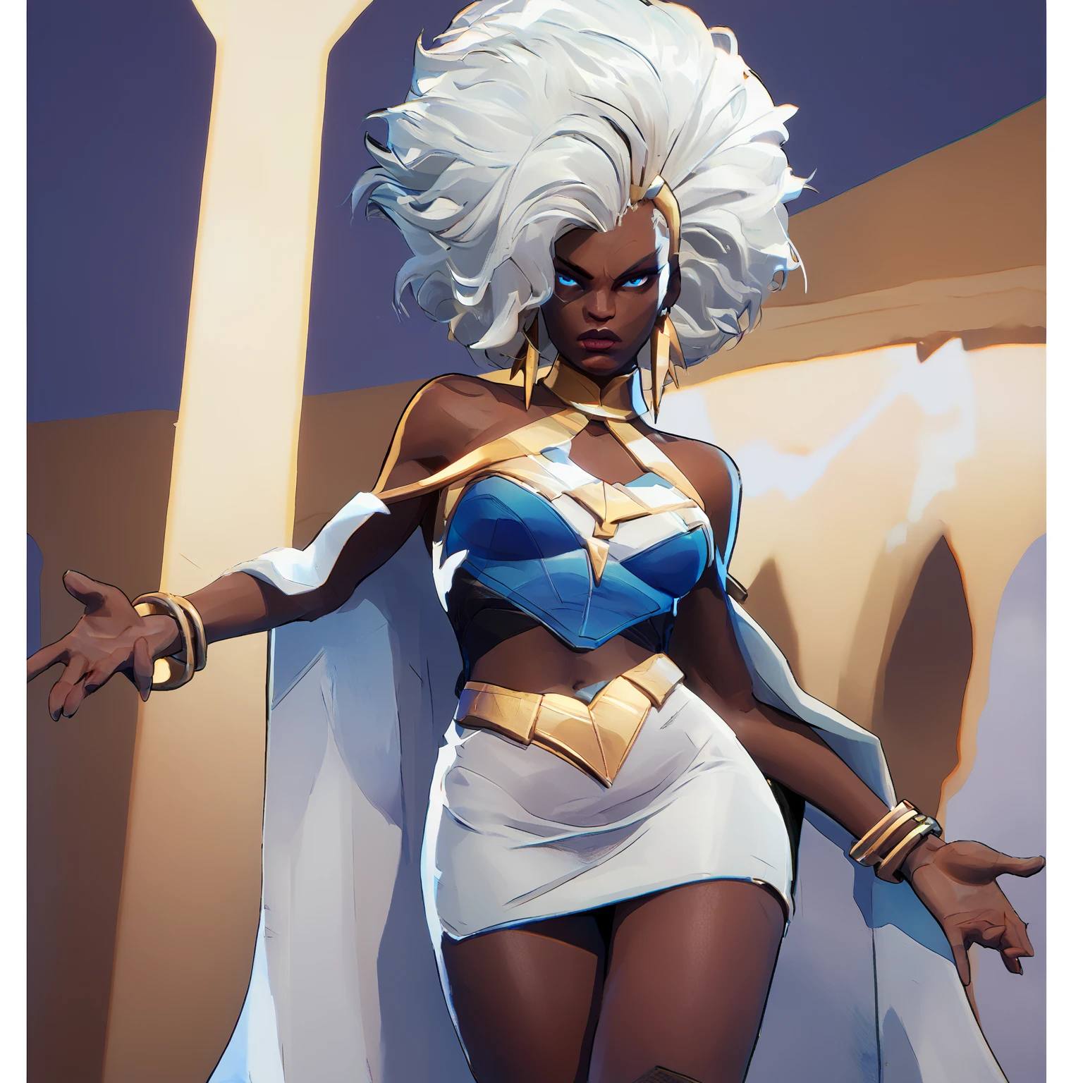 score_9, score_8_up, <lora:0004storm:1>, sturmaz, 1girl, dark skin,afro, white hair, cowboy shot, pencil skirt, xrop top, (midriff:1.3),lightning earrings, cloak, <lora:last:0.8>, mrlvrvls solo, blue eyes, (bare_shoulders:1.5)