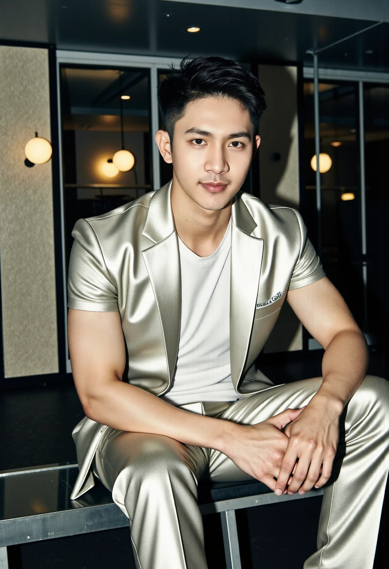 aws_1, XUER photographic film. Fashion photoshoot. Close up portrait of Gunn Nakarin, a handsome young Thai male fitness model. He is in an elegant Bangkok nightclub of glass and steel, modelling a "Dolce & Gabbana" branded platinum lame tailored suit over a simple white t-shirt. His skin is and smooth and dark tan. He is looking directly at the viewer, engaging them with a boyish charm. His black hair is short and glossy, perfectly styled. His boyish charm and sex appeal are palpable. The viewer cannot help but be drawn in by his powerful sensuality. Multiple directional spotlights cast light and shadow that highlight his chiseled features and muscles, giving the image depth.