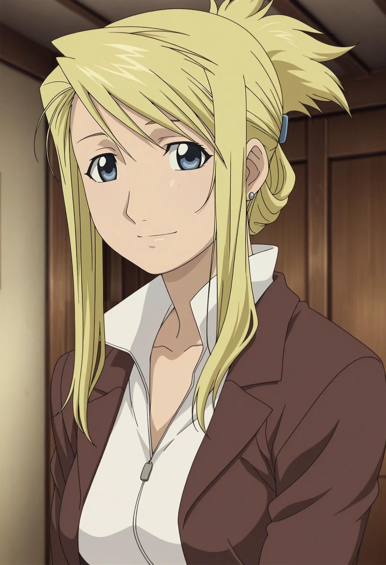 1girl,solo,mm,mature female,blonde hair,blue eyes,folded ponytail,long hair,earrings,jewelry,anime coloring,
brown jacket,white shirt,upper body, looking at viewer, light smile, indoors
,masterpiece,best quality,amazing quality,<lora:Winry_Rockbell-Fullmetal_Alchemist_The_Movie_-_Conqueror_of_Shamballa:0.8>