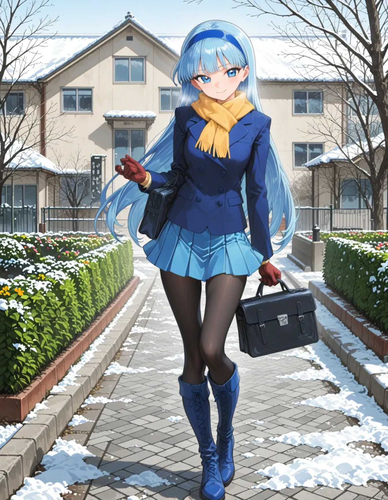 <lora:MKR_UMI_SU_NAIXL_01:1>, 1girl, ryuuzaki umi,MKR_UMI_SU,black pantyhose, blue boots,knee boots,coat,scarf, gloves,
winter,outdoors,garden,school building,holding schoolbag,seductive smile,
<lora:NoobV065sHyperDmd:1>, masterpiece, best quality, very aesthetic, absurdres, newest, safe,