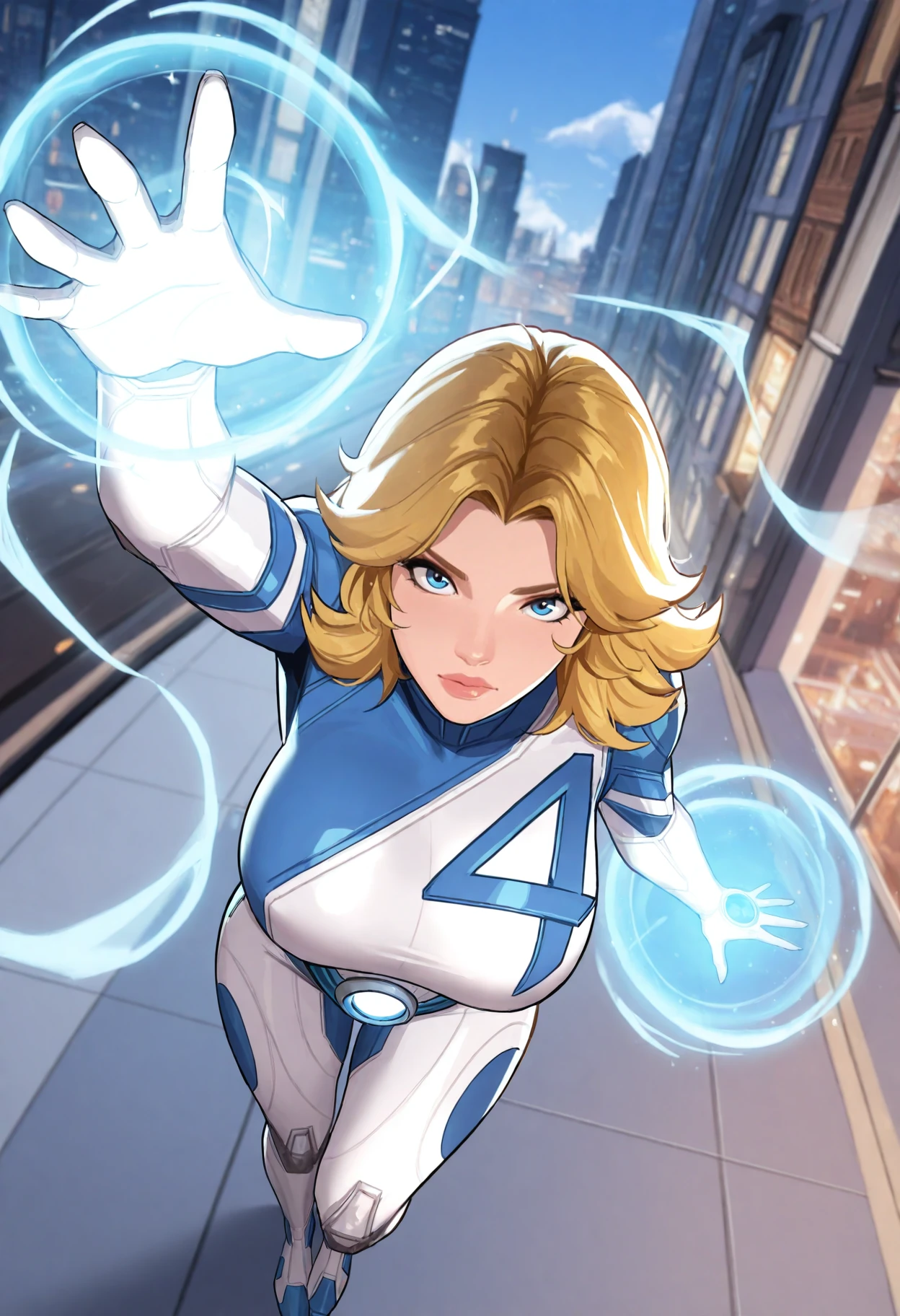 suest0rm, close up, overhead shot, 1girl, susan storm, fantastic four, long blonde hair, blue eyes, large breasts, magic, city, sky, best quality, masterpiece, <lora:SueStormInvisibleWomanv2:0.8>