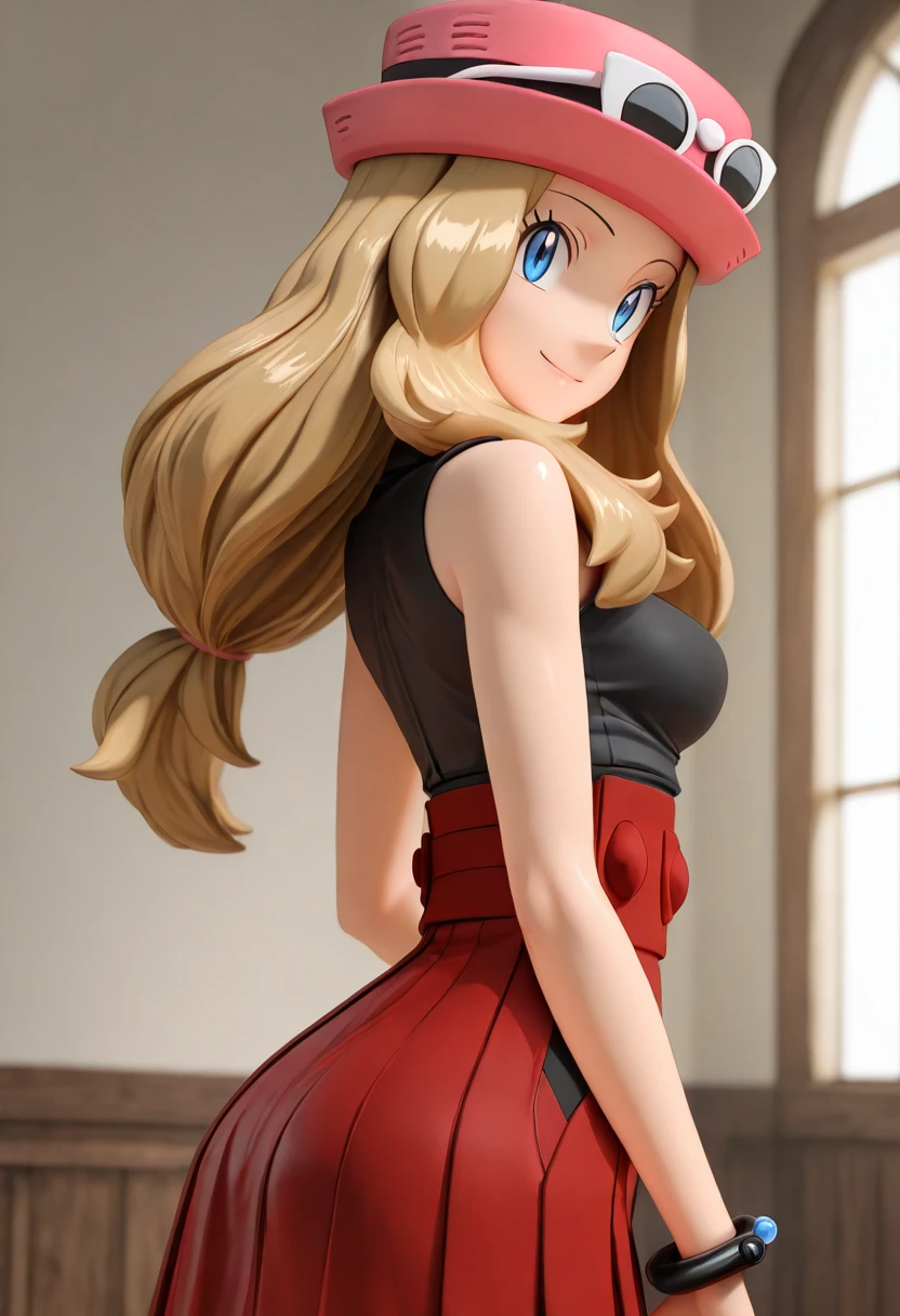 masterpiece, best quality, 1girl, solo, beautiful eyes, zzSerena, solo, long hair, blue eyes, eyewear on headwear, pink headwear, eyelashes, sleeveless shirt, black shirt, bracelet, high-waist skirt, red skirt, black thighhighs, <lora:SerenaPokemonIXL_v2:1.0>, <lora:Anime3D33_IXL:1.0>, upper body, side view, smile, looking at viewer, shiny skin,