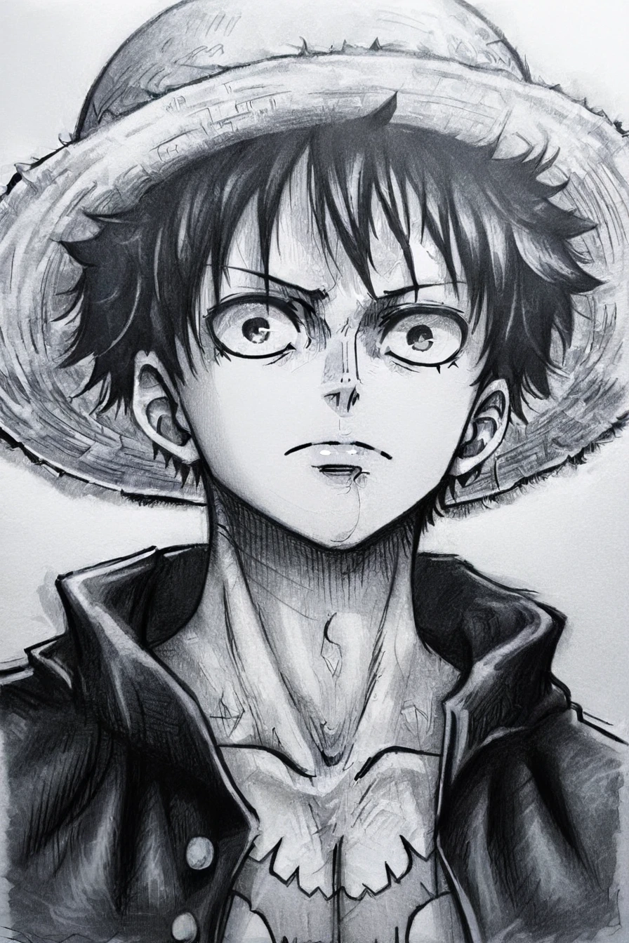 <lora:LUFFY_pony_XL:0.6>, Luffy, jacket, scar on chest, straw hat, black hair, 1boy, solo, alone, <lora:drawing_style_illustriousXL:1>, drawing_style, monochrome, greyscale, portrait, masterpiece, highres