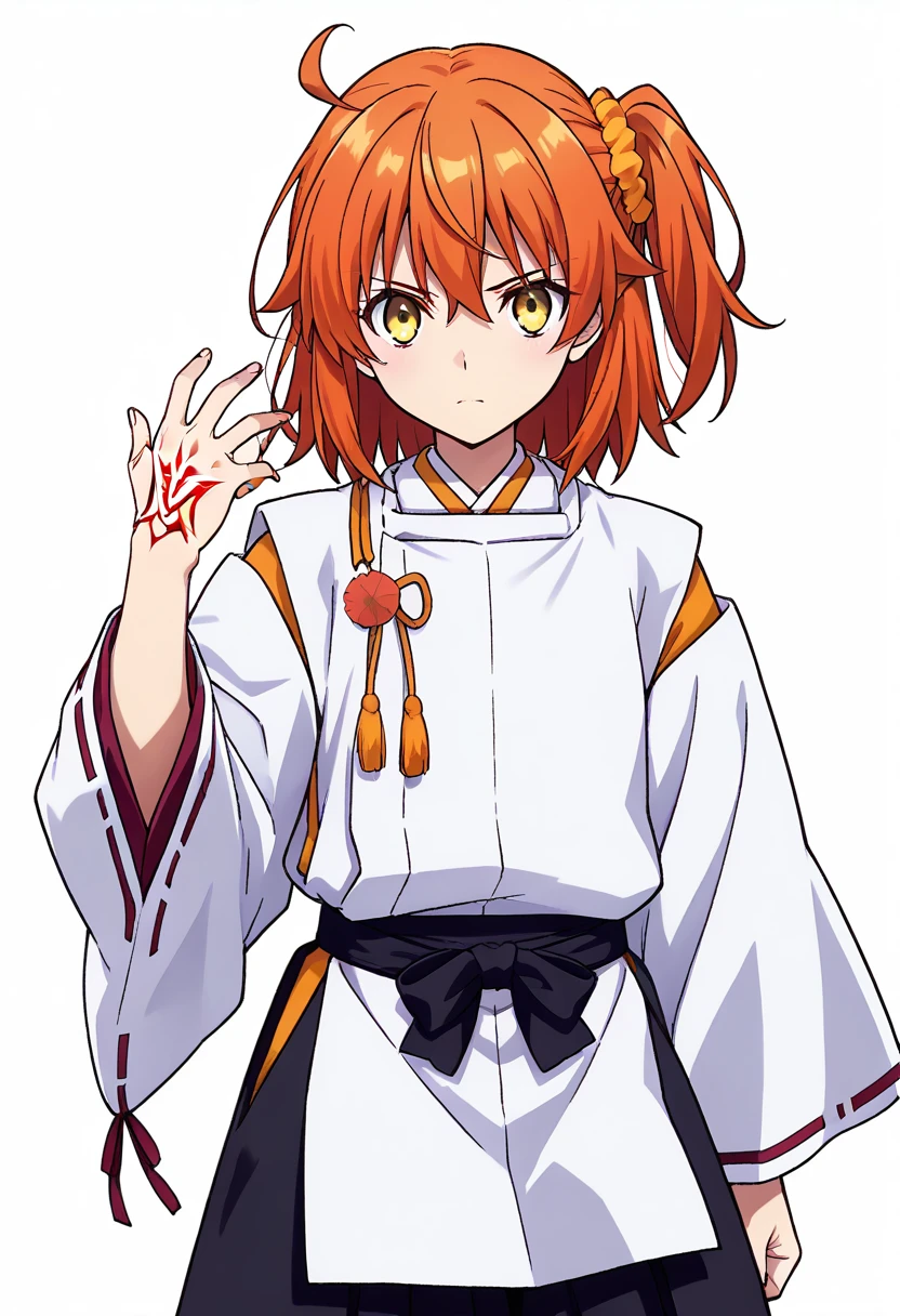 masterpiece, best quality, absurdres, detailed skin, detailed eyes, detailed face, anime colored, anime screencap, anime colored,
aaritsuka, short hair, orange hair, ahoge, one side up, hair scrunchie, orange scrunchie, yellow eyes, <lora:fujimaru_ritsuka_ponyxl_v1:0.9>,
looking at viewer, serious, cowboy shot, command spell, hand up,
<lora:kariginu:1>, ((kariginu)), hakama skirt, long sleeves,
((white background)),
