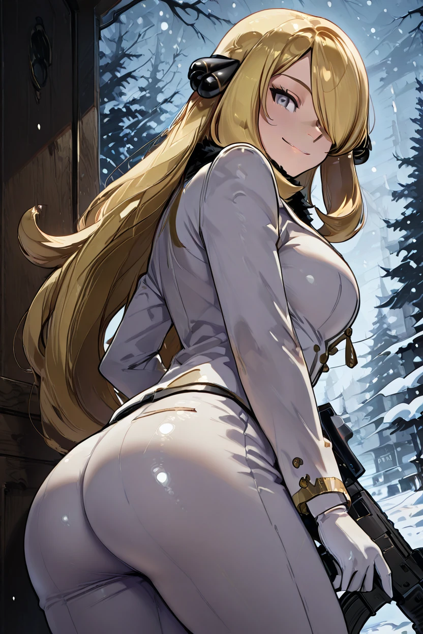 masterpiece, best quality, solo, curvy, beautiful eyes, C007Citron, grey eyes, hair over one eye, blonde hair, hair ornament, long hair, long sleeves, white gloves, white jacket, white pants, alternate costume, shirt, holding gun, snowing, assault rifle, smile, looking at viewer, <lora:Cynthia007IXL:1.0>, side view, ass, leaning forward, cowboy shot, smile, looking at viewer, shiny skin,
