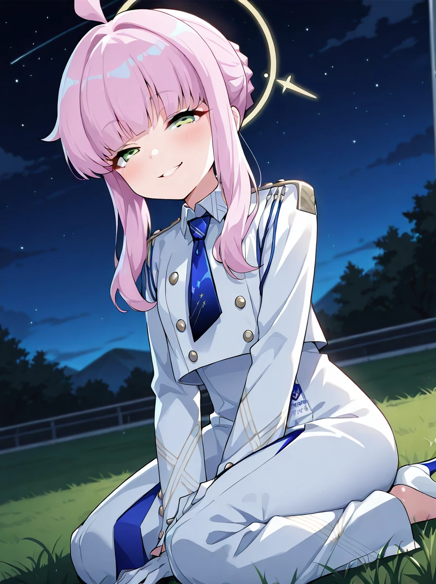 ((masterpiece,best quality)), <lora:MizunashiAkariV1:0.65>, mizunashi akari, uniform, dress, white dress, hat, sailor collar,
night, outdoors, dock, starry sky, sitting, (looking up:1.2), barefoot, sidelocks, open mouth