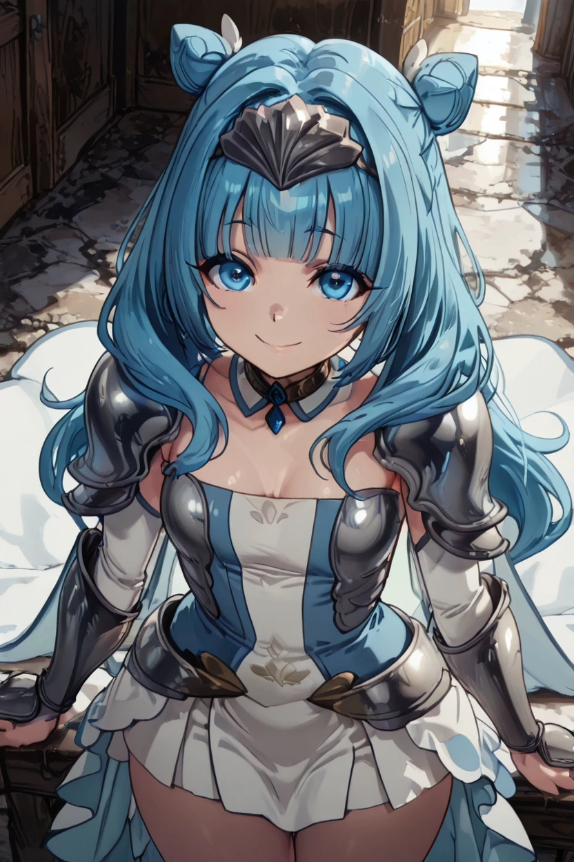 masterpiece, best quality, solo, curvy, beautiful eyes, zzSylphy, blue eyes, blue hair, long hair, blunt bangs, double bun, hair intakes, armor, shoulder armor, pauldrons, hair bun, breastplate, dress, <lora:SylphyMobKaraIXL:1.0>, from above, dynamic pose, cowboy shot, smile, looking at viewer, shiny skin,