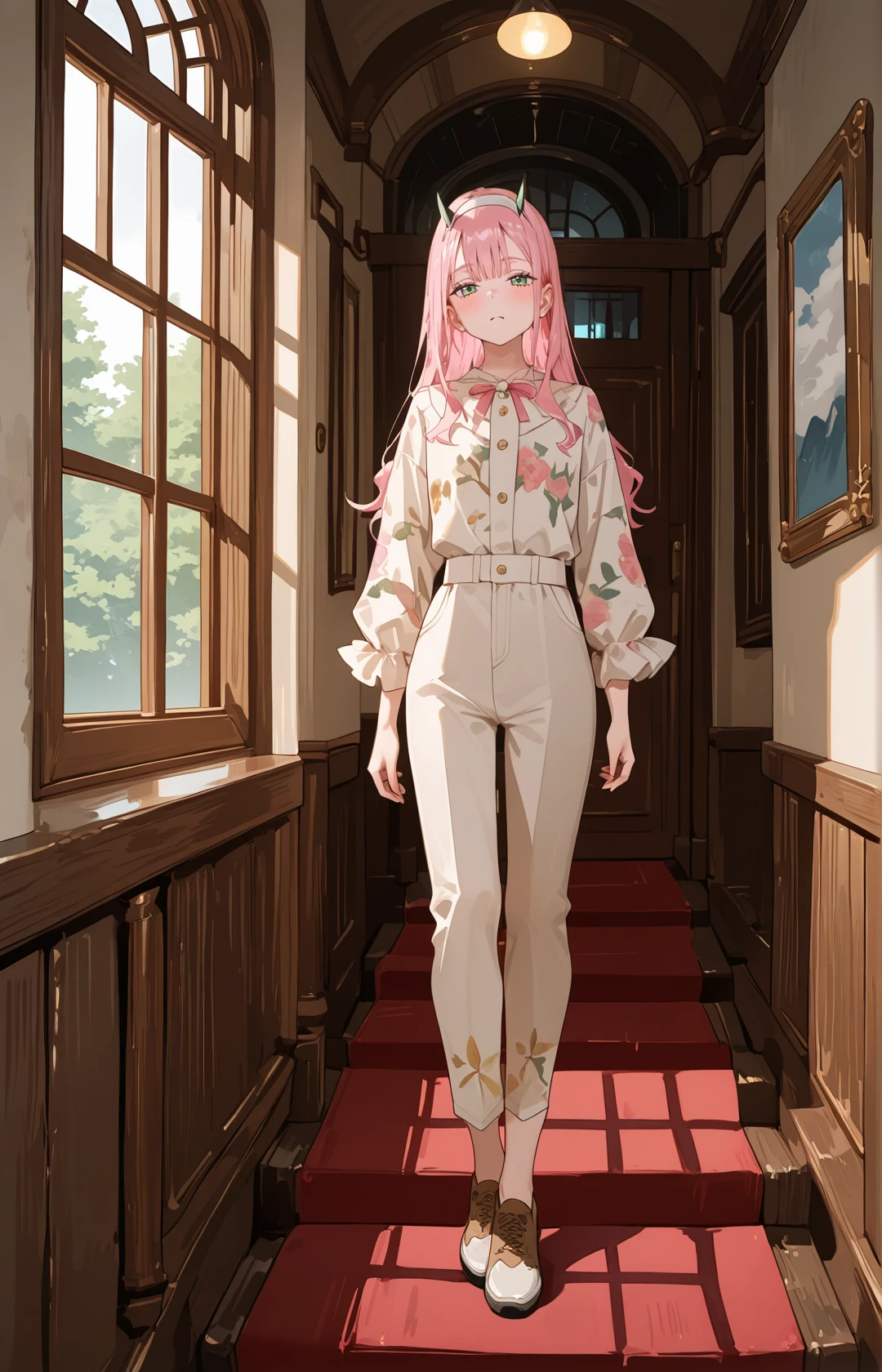 ZeroTwoCYQL,1girl,solo,pink hair,long hair,bangs,horns,hairband,white hairband,green eyes,floral (print blouse:1.2), (chino pants:1.22), (brogues shoes:1.2),
BREAK
sleepy,looking_at_viewer,
BREAK
indoors,hallway,stairs,door,scenery,ceilinglight,standing,window,multipleboys,painting(object),,
BREAK
<lora:748cmSDXL:0.5>,<lora:illustrious_quality_modifiers_masterpieces_v1:0.8>,<lora:EtherSDXL:0.5>,748cmstyle,EtherStyle,<lora:detailer_v5:0.5>,detailerlora,<lora:ZeroTwoCYQL:1>,
perfect quality,high quality,masterpiece,best quality,amazing quality,very aesthetic,absurdres,newest,