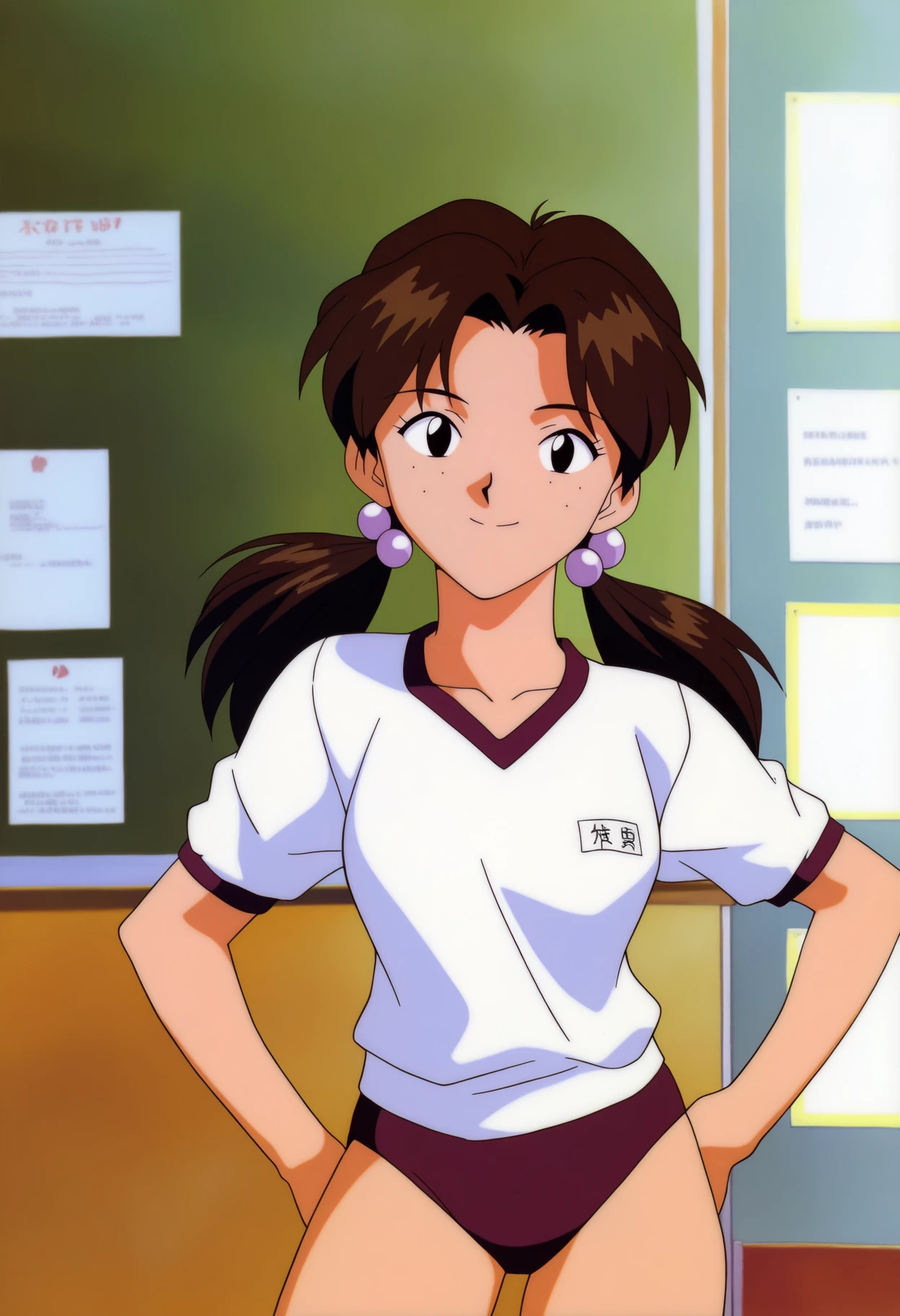 masterpiece, best quality, very aesthetic, absurdres,
1990s \(style\), retro artstyle,
1girl, hikarihoraki, brown hair, twintails, freckles, hair bobbles, long hair, black eyes,
gym uniform, white shirt, buruma, smile,
hands on hips, standing, solo, looking at viewer, indoors, classroom background <lora:HikariHorakiNoobXL_byKonan:1>