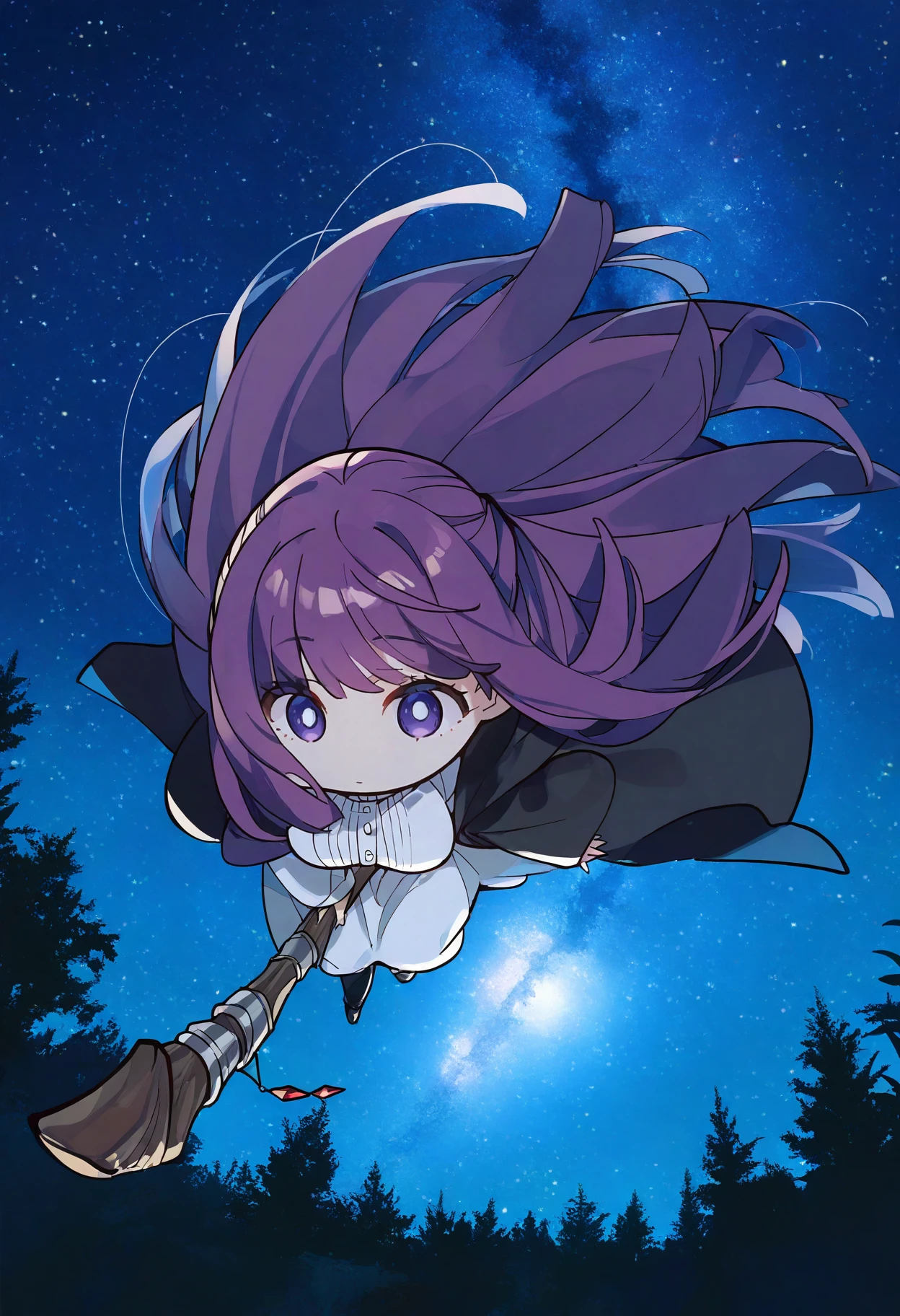 (masterpiece, best quality, highres, absurdres, very detailed, very aesthetic:1.22), (detailed eyes), large breasts, solo, fern \(sousou no frieren\), large breasts, detailed scenery, midair, staff, riding, legs together, wind, night, star \(sky\), moonlight, chibi, black cloak, white dress, <lora:komowata_haruka_ct15v_1-04:1>