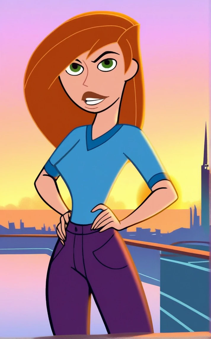 score_9, score_8_up, score_7_up, contrapposto, hand on hip, sunset, sidelighting, cityscape, vanishing point, outdoors, depth of field, solo, looking at viewer, <lora:PONYXL_STYLE_KimPossibleTV_ownwaifu:0.9>, BREAK Female_KimPossibleTV_ownwaifu, flat color, parody, 1girl, breasts, jewelry, makeup, long hair, shirt ,