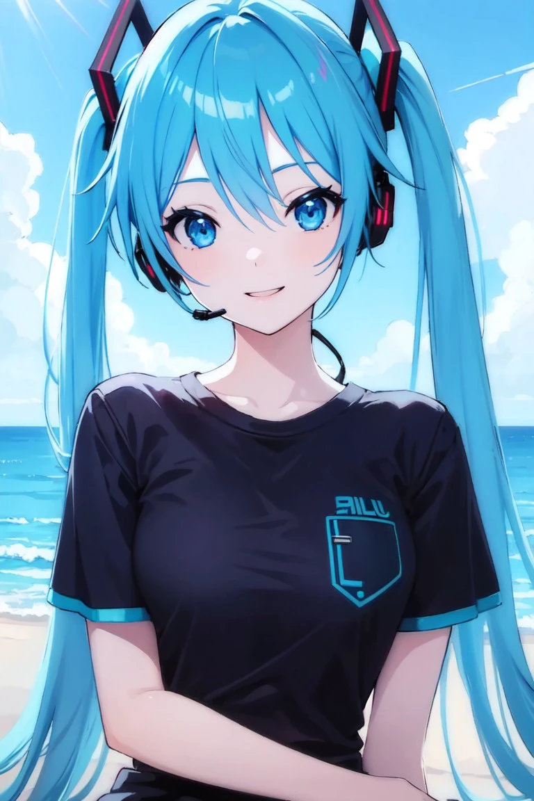 1girl, Hatsune Miku, blue eyes, blue hair, twintails, headset, smile, sky blue t-shirt, sitting, sunlight, upper body, portrait, solo