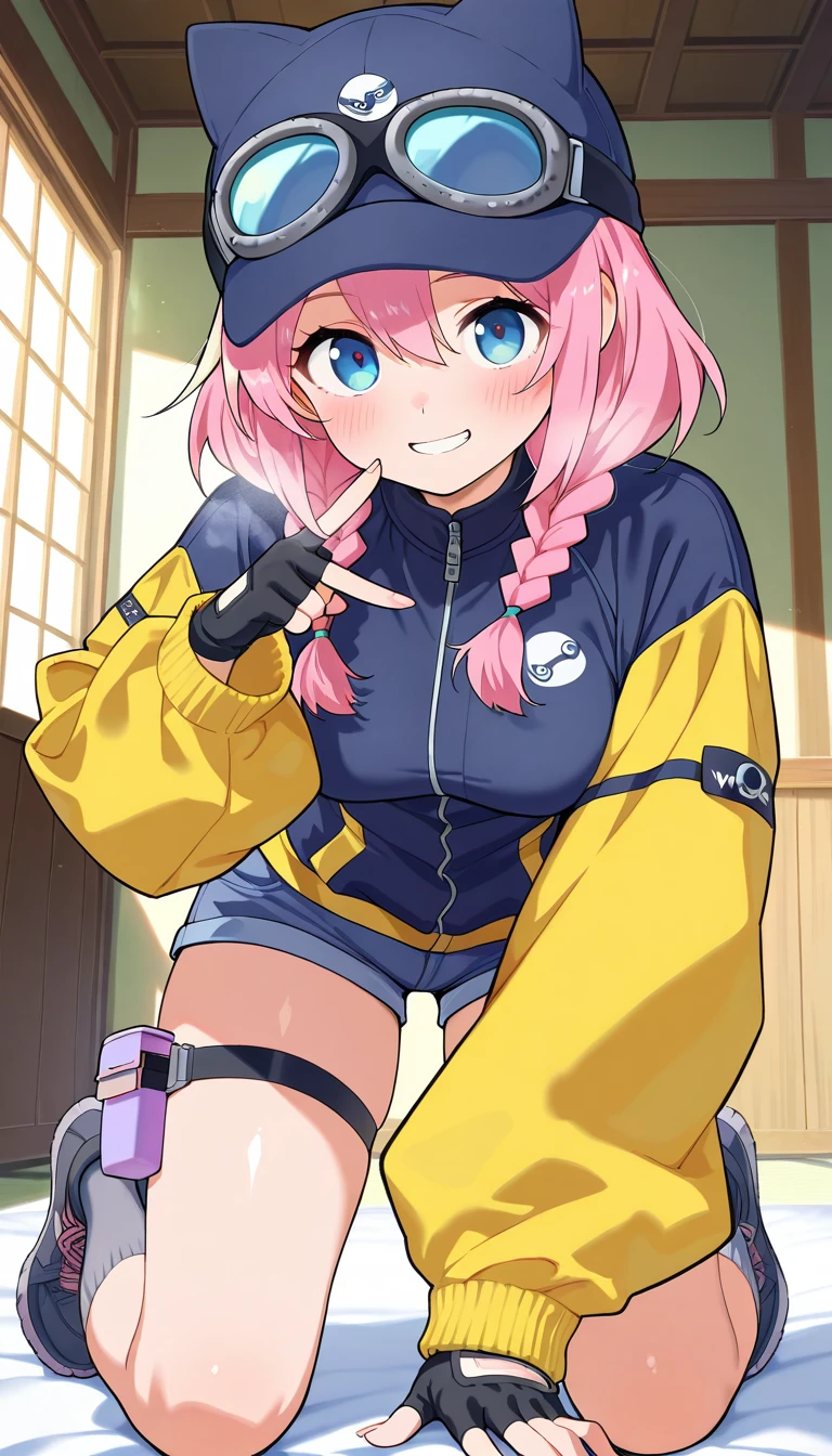 (masterpiece),best quality,amazing quality,very aesthetic,absurdres,newest,perfect body,shiny skin,perfect eyes,detail1eye,well-defined fingers,well-defined fingernails,anime style,indoors,1girl,solo,upper body,(portrait:1.5),looking at viewer,facing viewer,smile,blush,Steam Delivery Girl,cat hat,baseball cap,blue headwear,goggles on headwear,medium hair,pink hair,twin braids,hair over shoulder,hair between eyes,parted bangs,blue eyes,multicolored jacket,blue jacket,medium breasts,yellow sleeves,puffy long sleeves,black gloves,fingerless gloves,denim shorts,thigh strap,grey socks,sneakers,black footwear,<lora:Steam Delivery Girl(steam)-Illus:1.4>,