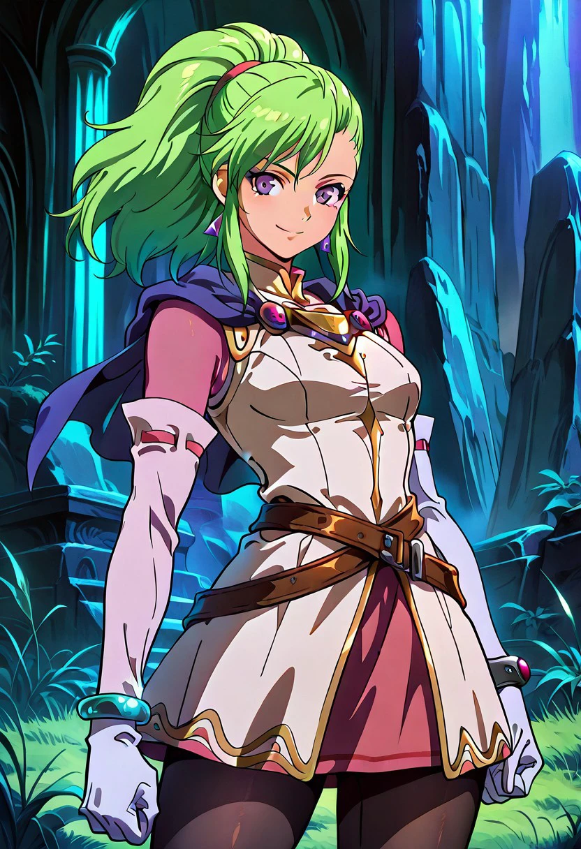official art, masterpiece, best quality, absurdres, very aesthetic, 1girl, dark_fantasy_style, dark fantasy, retro, female focus, solo, Karis_GS, green hair, ponytail, bangs, asymmetrical hair, sidelocks, purple eyes, triangle earrings, capelet, blue capelet, small breasts, mandarin collar, coat, white coat, ribbon trim, gold trim, undershirt, pink shirt, pink sleeves, crossed belts, miniskirt, pink skirt, white gloves, elbow gloves, bracelet, black pantyhose, standing, cowboy shot, looking at viewer, smile, plain, grass