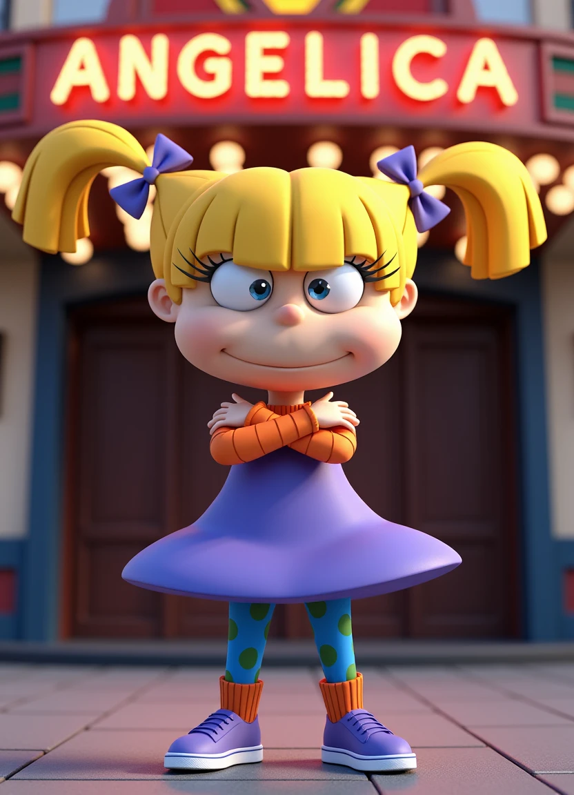 A 3d, cgi, detailed upper body portrait in the style of Disney Animation. angflx a with blonde hair, wearing a purple dress, orange sleeves, blue leggings with green dots, orange socks and purple sneakers. Her hair is tied up in two pigtails with purple bows. Her arms are crossed, She is standing right under a movie theatre marquee that says "ANGELICA" in lights at the top of the image.