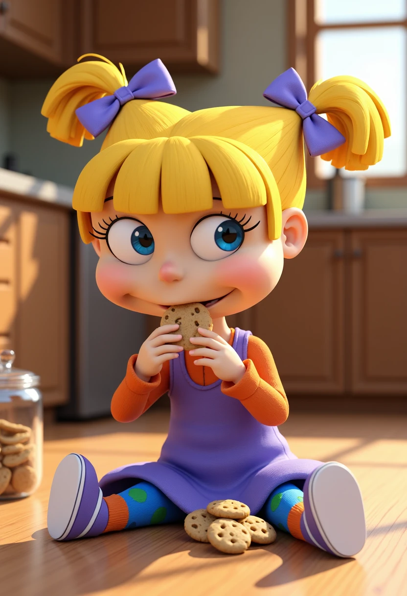 A 3d, cgi, detailed rendering in the style of Disney Animation. angflx a with blonde hair and blue eyes wearing a purple dress, orange sleeves, blue leggings with green dots, orange socks and purple sneakers. Her hair is tied up in two pigtails with purple bows. She is sitting on the floor in the kitchen eating cookies next to a cookie jar . <lora:angelica-flux-v4:0.75>