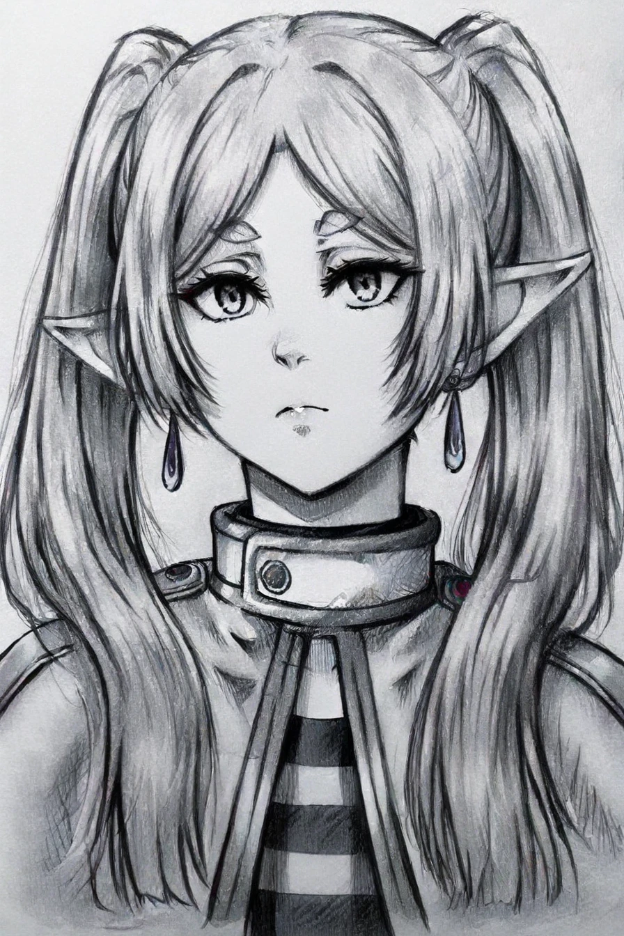 frieren, long hair, twintails, pointy ears, elf, shirt, long sleeves, jewelry, earrings, striped, capelet, striped shirt, skirt, white skirt, 1girl, solo, alone, <lora:drawing_style_illustriousXL:1>, drawing_style, portrait, monochrome, greyscale, masterpiece, highres