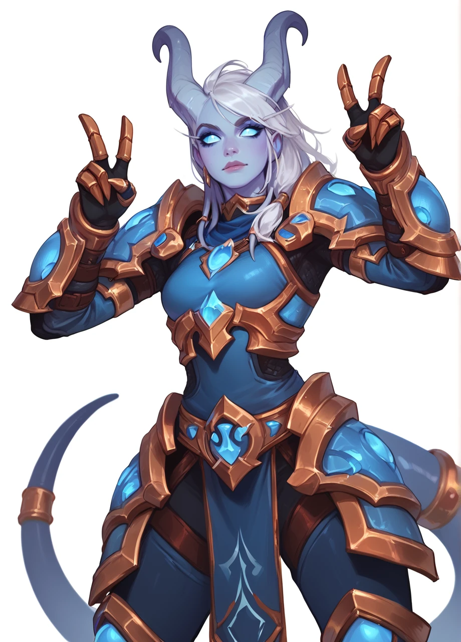 1girl, solo, cowboy shot, white background, defnei, horn, white hair, swept bangs, blue sclera, colored skin, armor, warcraft, gauntlets, double v, tail ring <lora:Race_Draenei-PONY:0.8>, score_9, score_8_up, score_7_up, score_6_up,