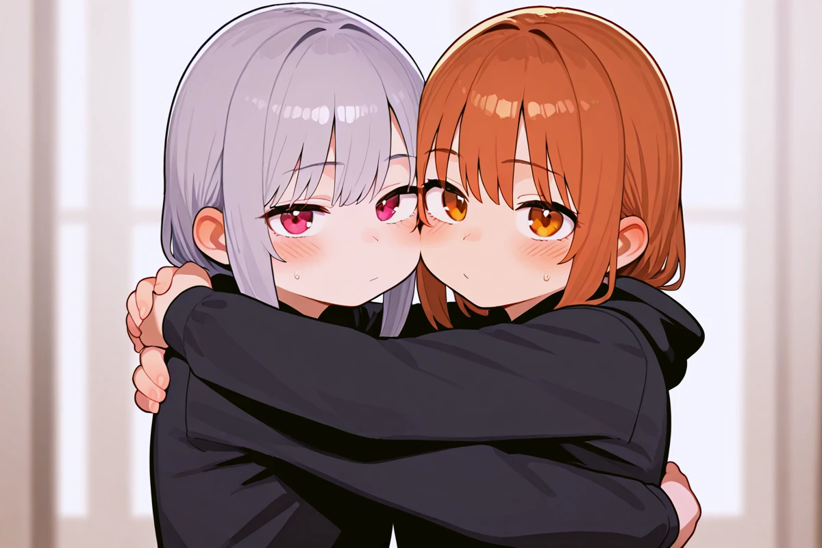 best quality, amazing quality, absurdres, masterpiece, very aesthetic, <lora:Oosawara_Sadao_t3:1> uncensored, 2girls, upper body, multiple girls, hugging, looking at viewer, sfw,