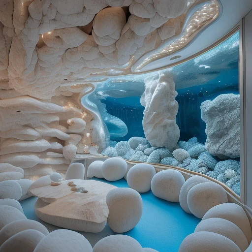 white and cream-colored pebbles, . The image is a high-resolution photograph showcasing a modern, likely set during the holiday season. The room features a plush, floor, crafted from a single piece of wood, curved bar with a stunning aquarium base, iridescent stones, ethereal blue light, curved facade with ornate balconies