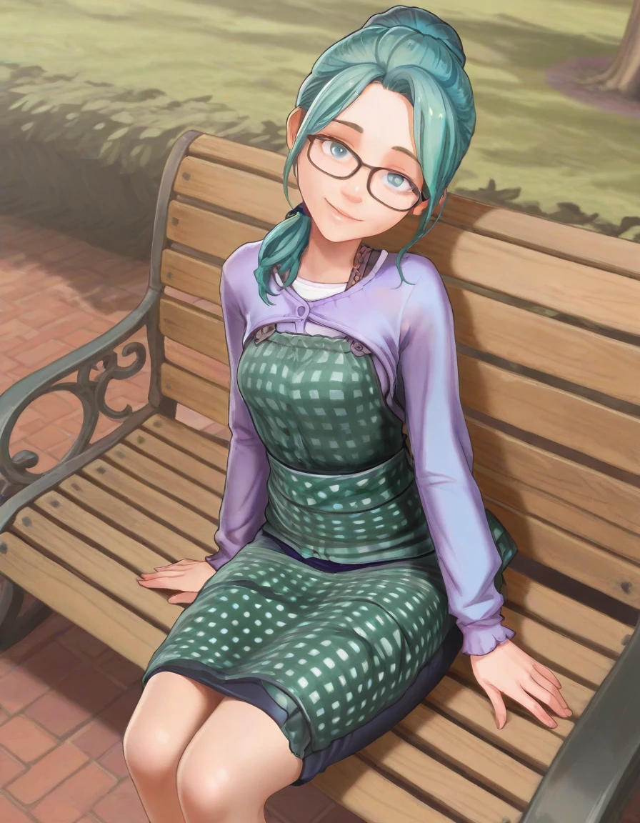 1girl sitting on a park bench, hatsune miku, low ponytail,  plaid apron, long sleeves, purple cardigan, braid, glasses, looking at viewer, smile, purple shrug, pencil skirt, from above, head tilt, hair bun,  
<lora:taffytales_style_illustrious_v1:1>