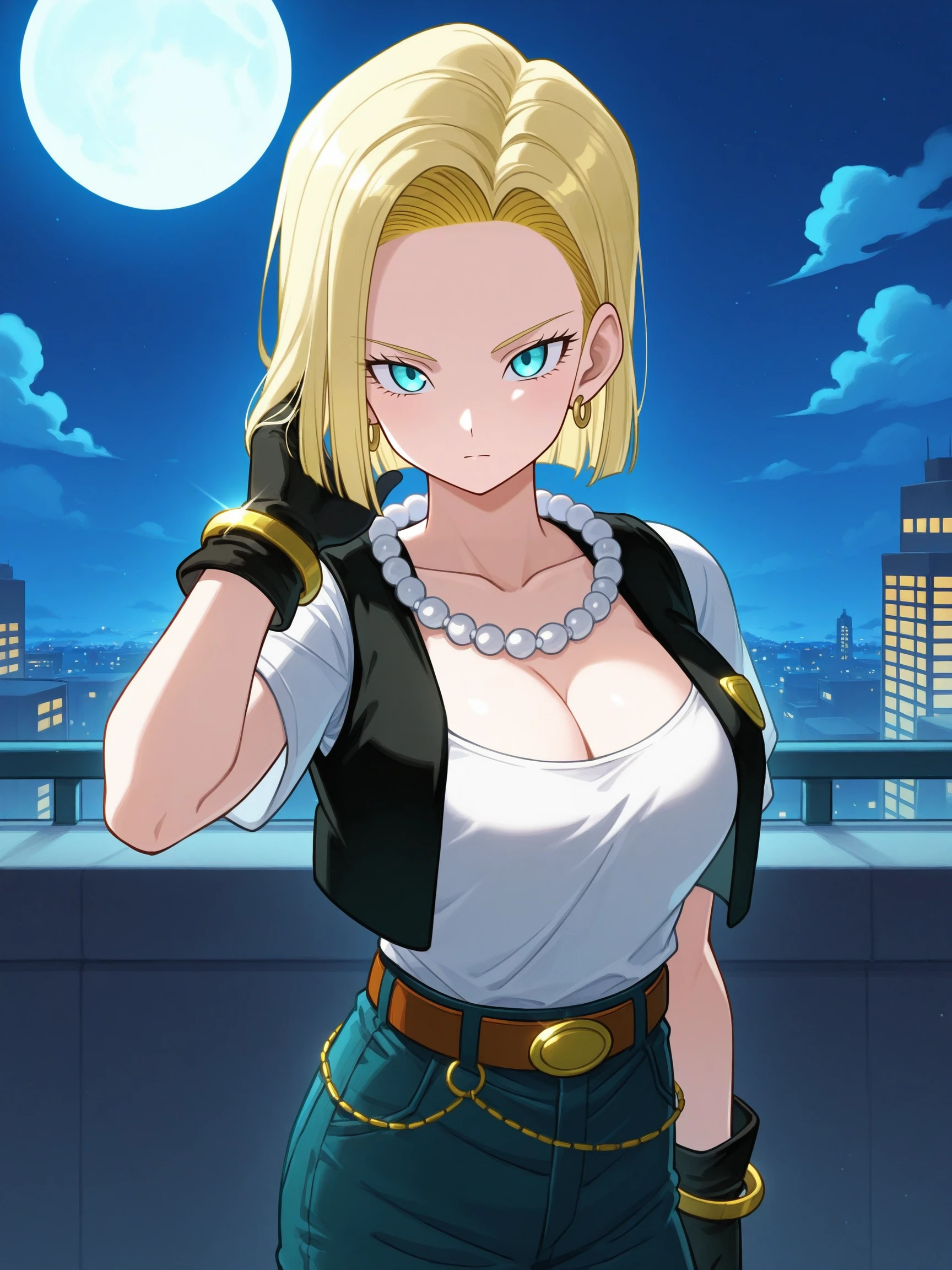 masterpiece,best quality,
cityscape, night, moon,cloud, rooftop,
18ill, 1girl, solo, looking at viewer, large breasts, shirt, gloves, white background, cleavage, jewelry, closed mouth, white shirt, earrings, black gloves, belt, pants, necklace, vest, bracelet, jeans, pearl necklace, medium hair
<lora:18ill:1>