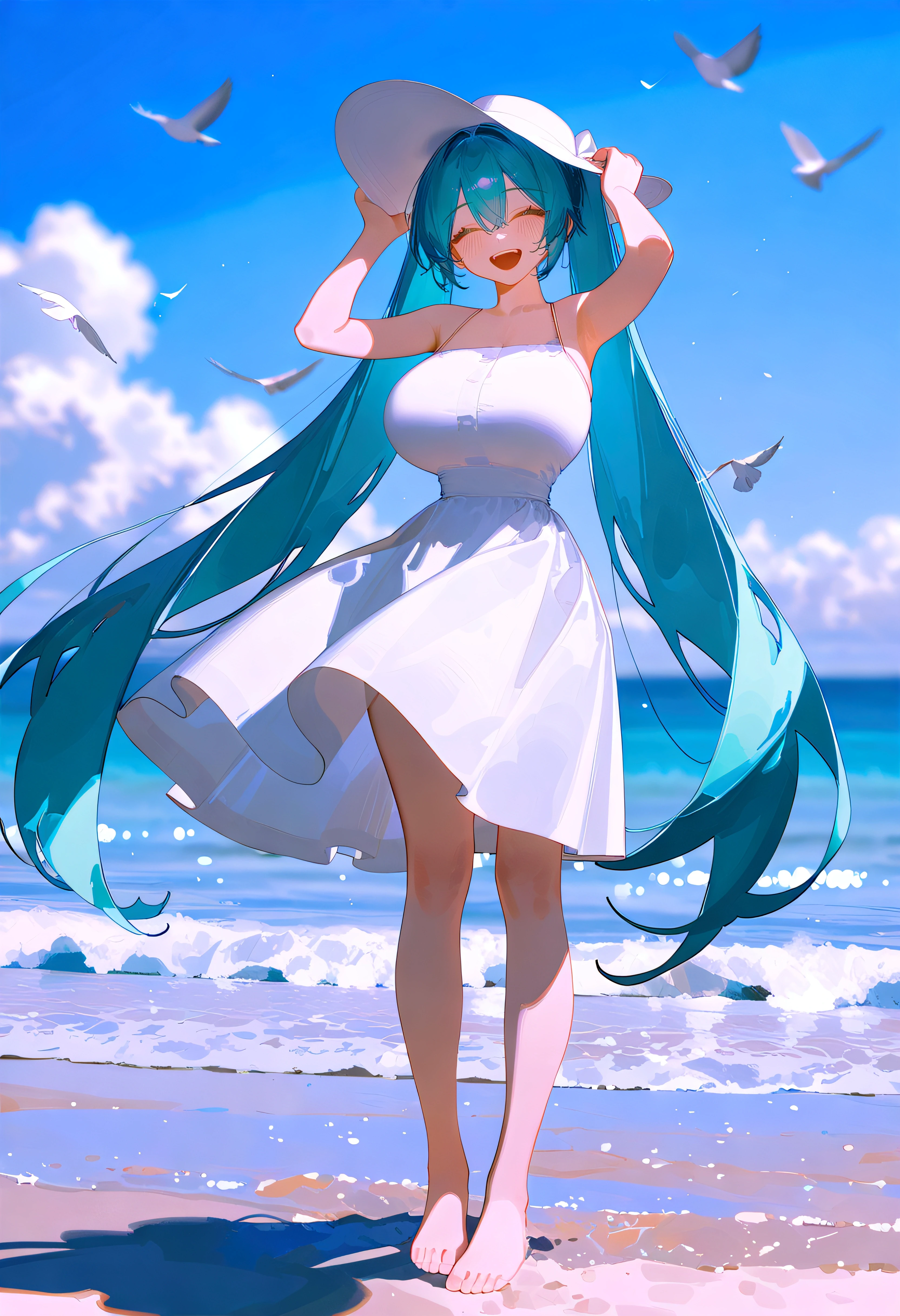 goddess of water aqua, Blue hair, black stockings, beach, sexy, dress, Water Magic, long hair, anime aqua