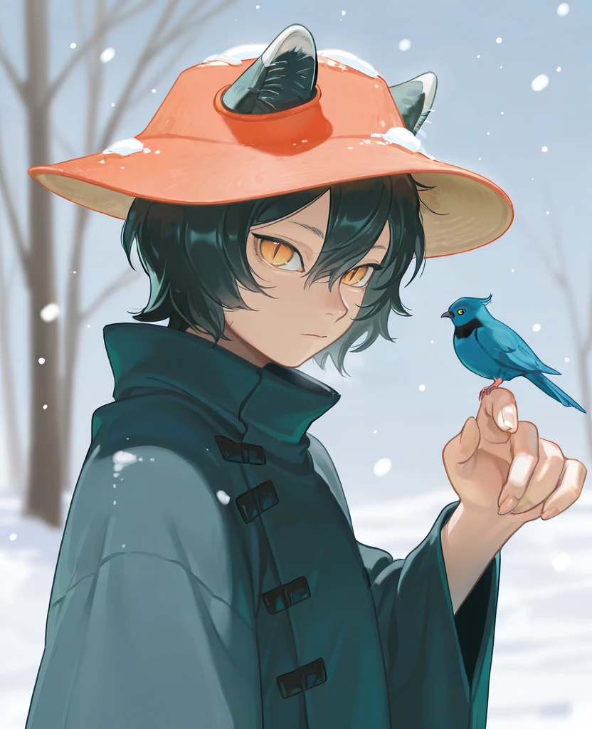 <lora:Izutsumi_Danjon_Meshi_Illustrious:1> Izutsumi, 1girl, solo, looking at viewer, short hair, black hair, long sleeves, hat, animal ears, hair between eyes, closed mouth, upper body, yellow eyes, outdoors, cat ears, wide sleeves, from side, orange eyes, bird, animal, slit pupils, snow, snowing, ears through headwear, bird on hand, general