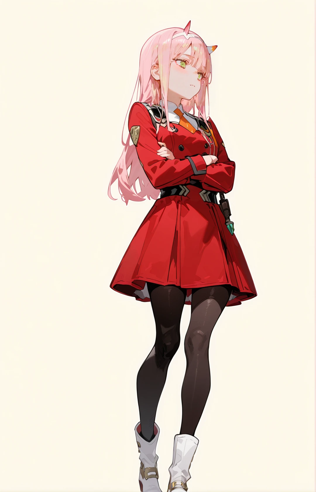 perfect quality,high quality,masterpiece,best quality,amazing quality,very aesthetic,absurdres,Cinematic Lighting,newest,
front view,full_shot,Raised eyebrows,
ZeroTwoCYQL,1girl,solo,pink hair,long hair,bangs,horns,hairband,white hairband,green eyes,uniform,military uniform,dress,red dress,double-breasted,necktie,orange necktie,short necktie,long sleeves,pantyhose,black pantyhose,boots,white footwear,
full body,standing,crossed_arms,,
blonde background,simple background,
<lora:USNR STYLE_XL_loha:0.45>,usnr,<lora:spo_sdxl_10ep_4k-data_lora_webui:0.5>,<lora:illustrious_all_rated_v1:0.6>,<lora:ponyv5_noobV065S_1_adamW:0.7>,<lora:748cmSDXL:0.8>,748cmstyle,<lora:DarkerThanBlackIllustrious:0.5>,<lora:CUTE2712_Illustrious by Cyql:1>,CUTE2712,<lora:ZeroTwoCYQL:1>,