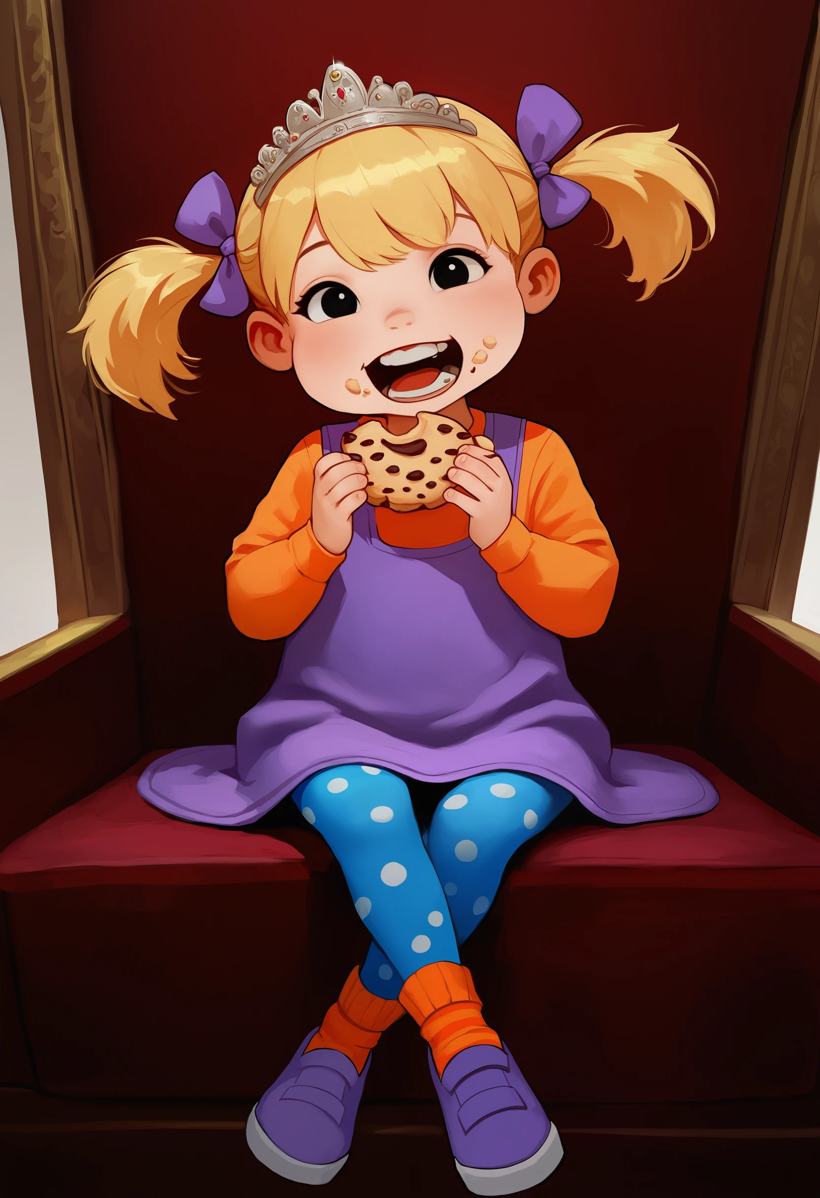 masterpiece, best quality, detailed, semi realistic, ((, eating cookies, food on face:1.4)), an3x1, 1girl, solo, open mouth, pinafore dress, hair bow, full body, blue leggings, polka dot, long sleeves, purple footwear, orange socks, short twintails, blonde hair, black eyes, happy, sitting on throne, legs crossed, head tilt, tiara,