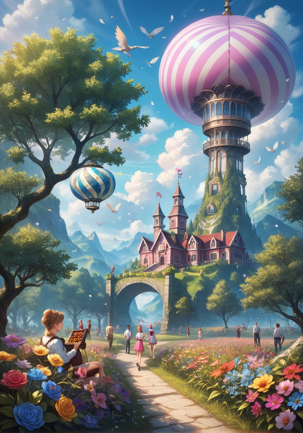 score_9, score_8_up, score_7_up, detailed. In a surreal, dreamlike landscape, a whimsical garden grows in the sky, with trees made of candy canes, flowers crafted from oversized fruit, and paths paved with golden chocolate bars, all beneath a sky filled with floating clouds shaped like animals and people, creating a bizarre, enchanting world that challenges the boundaries of reality and imagination.