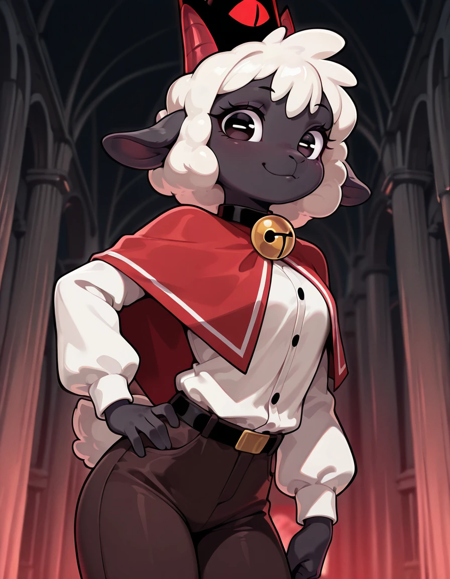 masterpiece, best quality, amazing quality, very aesthetic, absurdres, newest, <lora:lamb_cult_of_the_lamb:1>, lamb_cult_of_the_lamb, anthro, female, cowboy shot, white shirt, brown pants