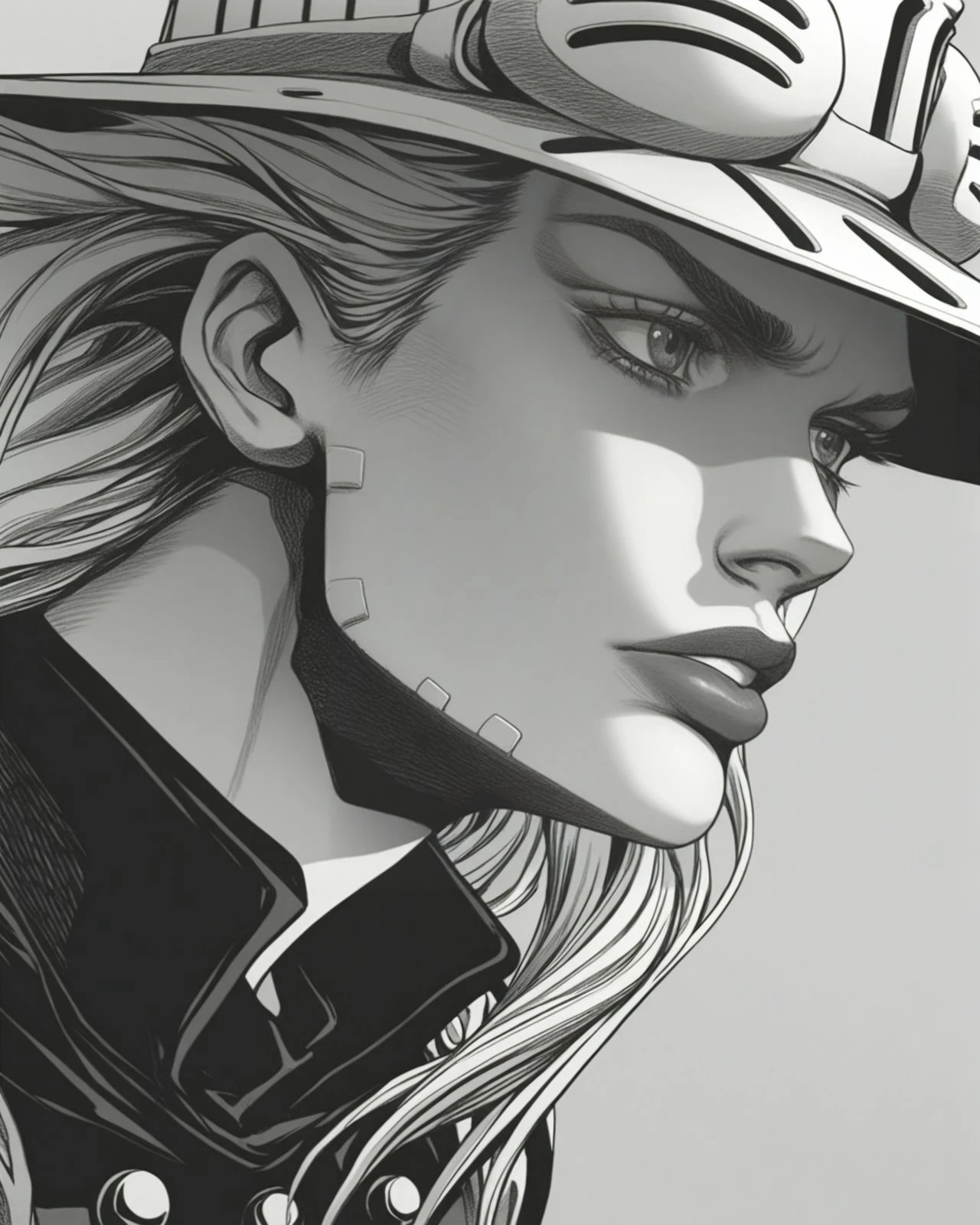 masterpiece, monochrome, greyscale, traditional media, <lora:STEELBALLRUN_illustrious_v1-000010:1>
close-up, 1boy, gyro zeppeli, hat, shirt, lips, from side,