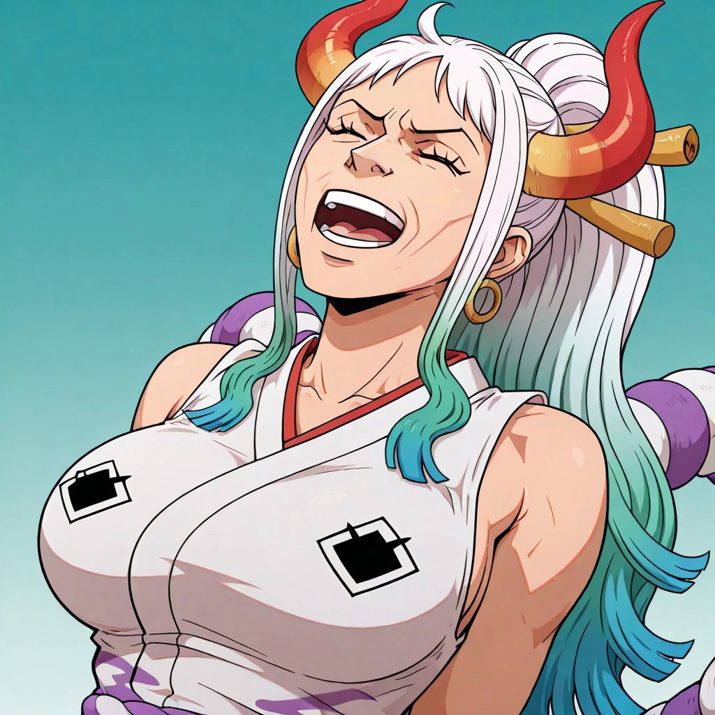 masterpiece, best quality, newest, absurdres, highres,
anime, anime style, JJJlaughV1.1
laugh, head leaning back, open mouth, closed eyes, head leaned back, leaned back,
1girl, yamato \(one piece\), curled horns, red horns, multicolored horns, orange eyes, white hair, green hair, long hair, multicolored hair, aqua hair, gradient hair, blue hair, sidelocks, ponytail, high ponytail, hair stick, large breasts, sleeveless kimono, bare shoulders, hoop earrings, earrings, shimenawa, toned