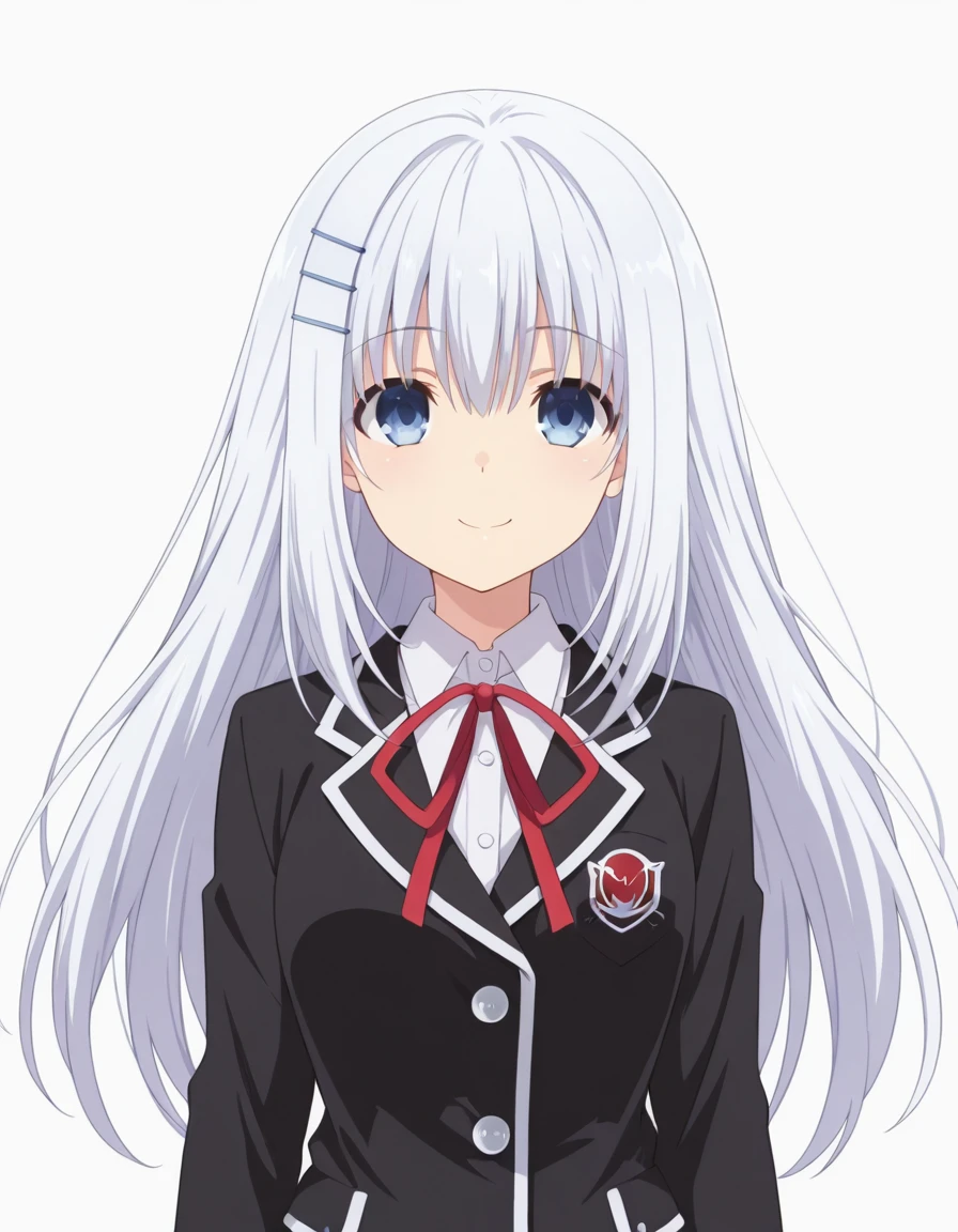Volumetric Lighting, (masterpiece), (best quality), (ultra-detailed), masterpiece, source_anime, score_9, score_8_up, score_7_up BREAK, illustration, disheveled hair, detailed eyes, perfect composition, moist skin, intricate details BREAK, Moegami, long hair, white hair, blue eyes, ori hairclip, schoolorigami, rzn blazer, black jacket, rzn skirt, rzn neck ribbon, red ribbon, (((white background))), looking at viewer, smile, upper body, solo, 1girl, (((detailed face)))