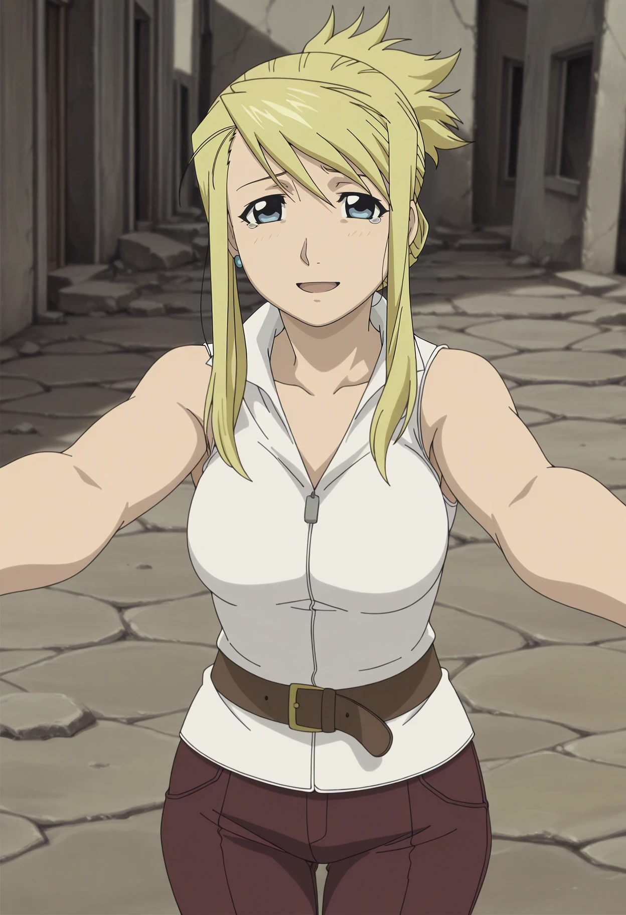 1girl,solo,mm,mature female,blonde hair,blue eyes,folded ponytail,long hair,earrings,jewelry,anime coloring,
white shirt,sleeveless,pants,belt,outstretched arms, tears, sad smile, cowboy shot, open mouth, outdoors, looking at viewer,
,masterpiece,best quality,amazing quality,<lora:Winry_Rockbell-Fullmetal_Alchemist_The_Movie_-_Conqueror_of_Shamballa:0.8>