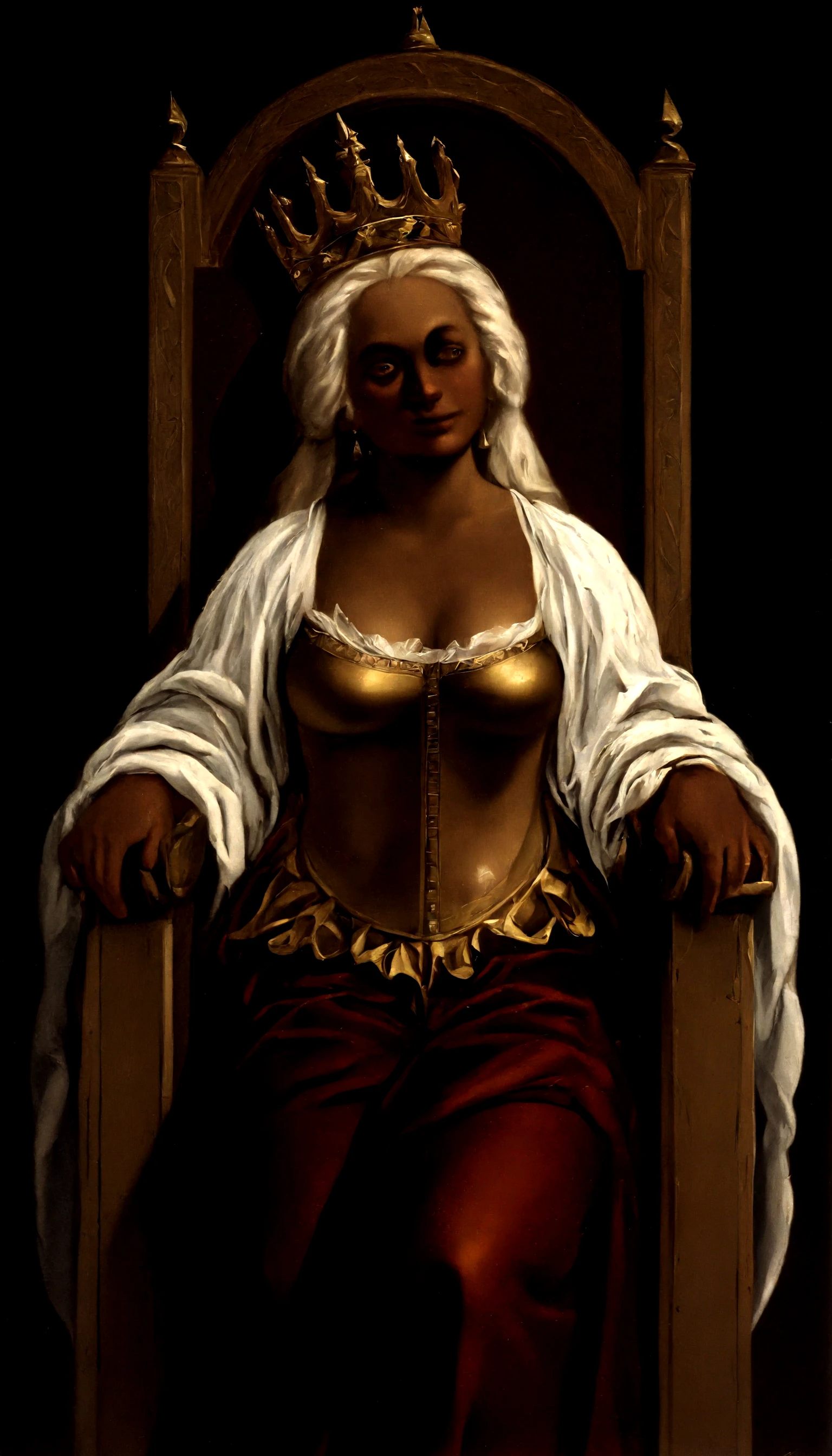 <lora:ArtemisiaGentileschiStyle_epoch_10(1):0.99> artemisia_gentileschi, solo, cowboy_shot, dark_skin, horns, white_hair, very_long_hair, armor, throne, sitting, <lora:DarkerSkinILV1:0.7> very_dark_skin, queen, crown, smile, breasts, slouching,, masterpiece,best quality,absurdres, amazing quality