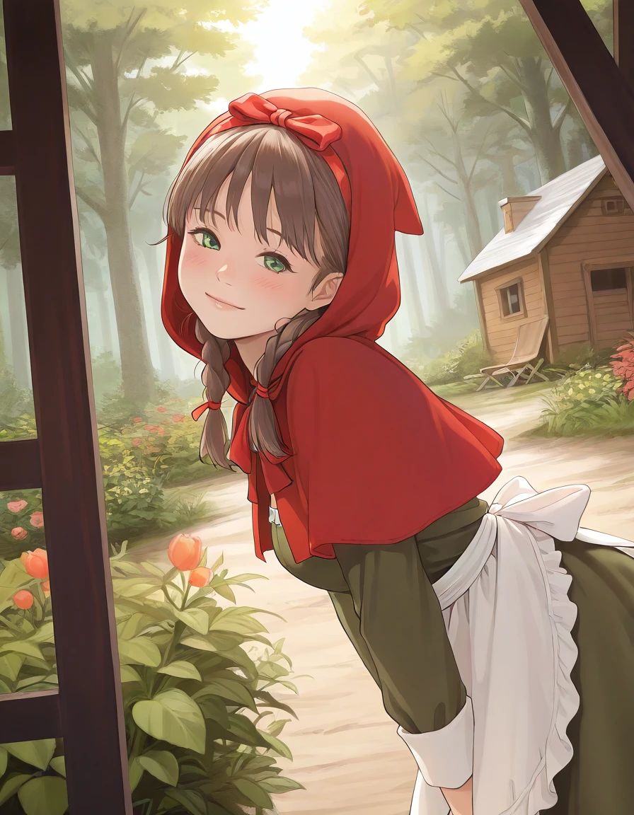 1girl , from side, low twin braids, hairband, red capelet, green dress, white apron, head tilt, hood up, hair ribbon, red ribbon, garden, cabin, forest, dutch angle, portrait, wind, light smile, sunlight, blush, leaning forward,
<lora:redlight_style_illustrious_v3:.8>