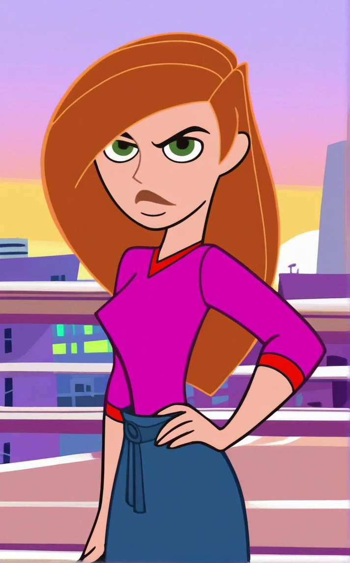 score_9, score_8_up, score_7_up, contrapposto, hand on hip, sunset, sidelighting, cityscape, vanishing point, outdoors, depth of field, solo, looking at viewer, <lora:PONYXL_STYLE_KimPossibleTV_ownwaifu:1>, BREAK Female_KimPossibleTV_ownwaifu, flat color, parody, 1girl, breasts, jewelry, makeup, long hair, shirt ,