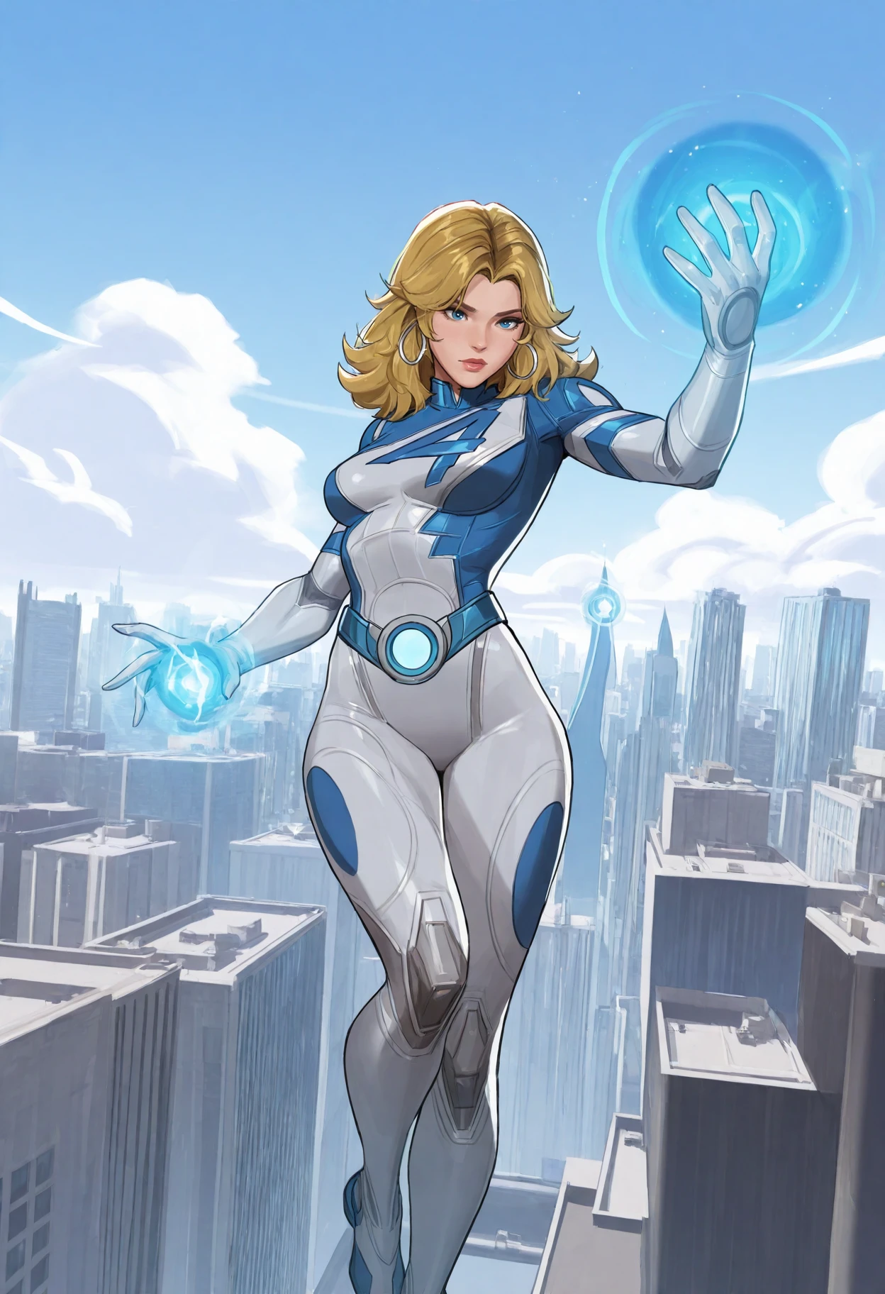 suest0rm, floating, 1girl, susan storm, fantastic four, long blonde hair, blue eyes, hoop earrings, magic, city, best quality, masterpiece, <lora:SueStormInvisibleWomanv2:1>