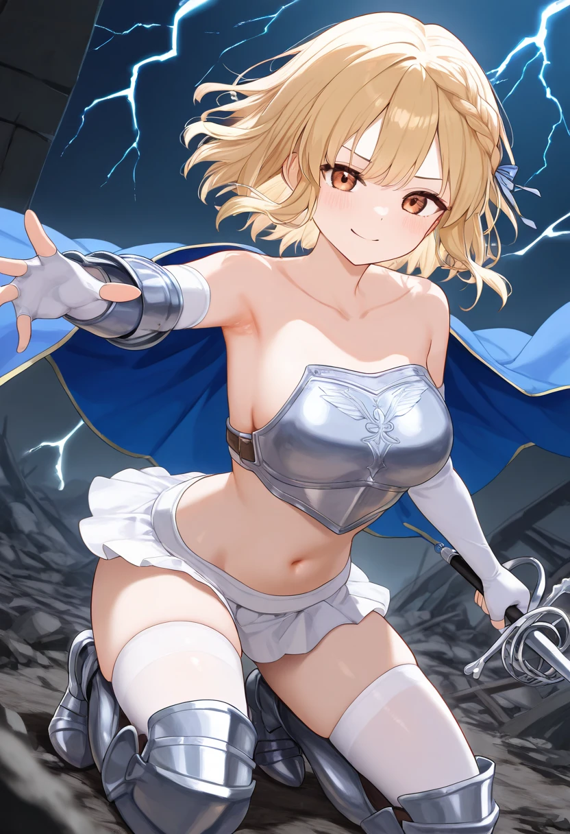(masterpiece:1.2), (highest quality:1.2), perfect eyes, perfect face, perfect lighting, middle ages, city, 1 girl, clear blonde ((((((hair over one eye)))))), Braid Styles, spiked hair, blunt bangs, bob hair, a braid, Ahoge red eyes, (((White bikini armor with transparent nipples))), cute eyes, medium breast, , vivid description, ((abedium breast, high position, Vivid depiction, ahegao, closed mouth, Are standing (tooth), (face close up:1.3), smile, white clothes Thighhighs, skirt, (((from below)))