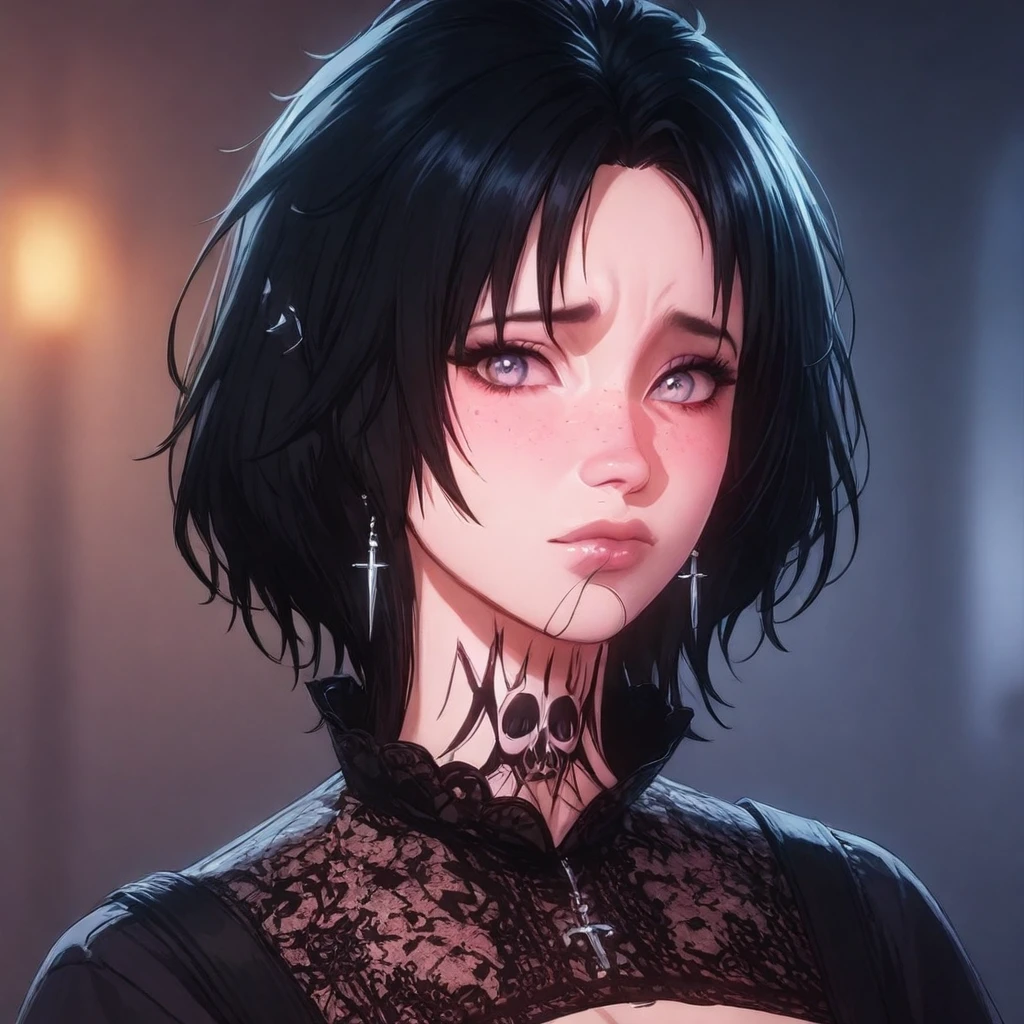 anime artwork Evelyn, , 1girl, black hair, freckles, sword earrings, sword earrings, looking at viewer, cross, sword earrings, skull tattoo, blurry background, blurry, realistic, solo, portrait, <lora:Evelyn_Baldurs_Gate_3-000021:1> . anime style, key visual, vibrant, studio anime, highly detailed