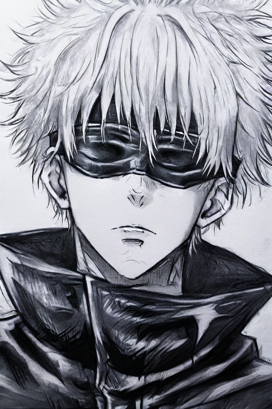 <lora:GojoSatoruPony:0.8> SatoruGojo, gojou satoru, white hair, purple pants, high collar, blindfold, covered eyes, black blindfold, purple jacket, purple pants, 1boy, solo, alone, <lora:drawing_style_illustriousXL:1>, drawing_style, monochrome, greyscale, portrait, masterpiece, highres